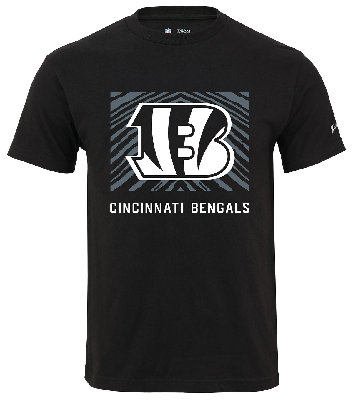 Zubaz NFL Unisex Cotton Heavyweight Short Sleeve T-shirt Black With Grey Tonal Zebra Square Logo for Men and Women, Cincinnat