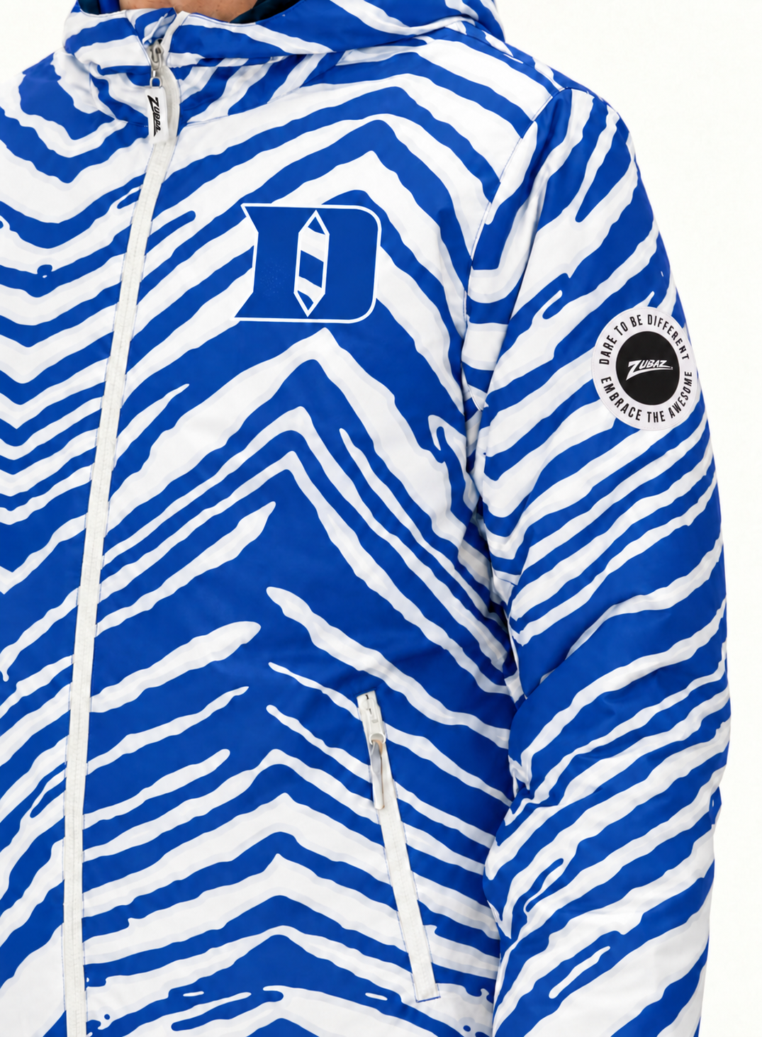 Zubaz NCAA Duke Blue Devils Adult Unisex Team Color Zebra Bleacher Blazer Snow Jacket — detail with circular Zubaz sleeve patch
