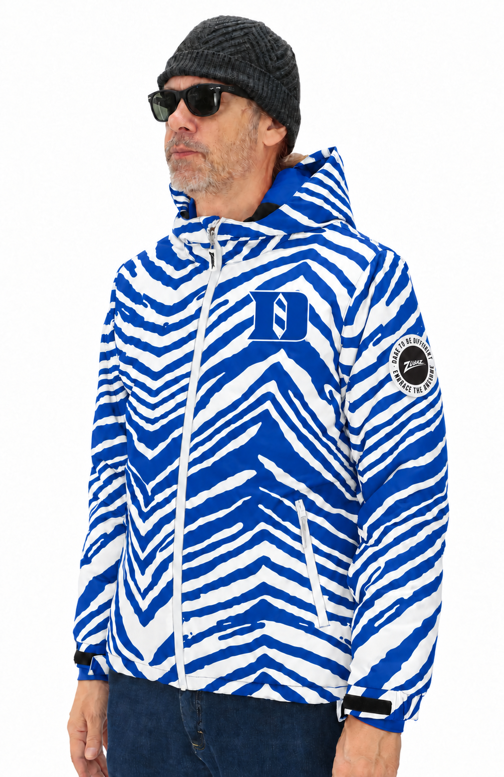 Zubaz NCAA Duke Blue Devils Adult Unisex Team Color Zebra Bleacher Blazer Snow Jacket — front hood down with circular Zubaz sleeve patch