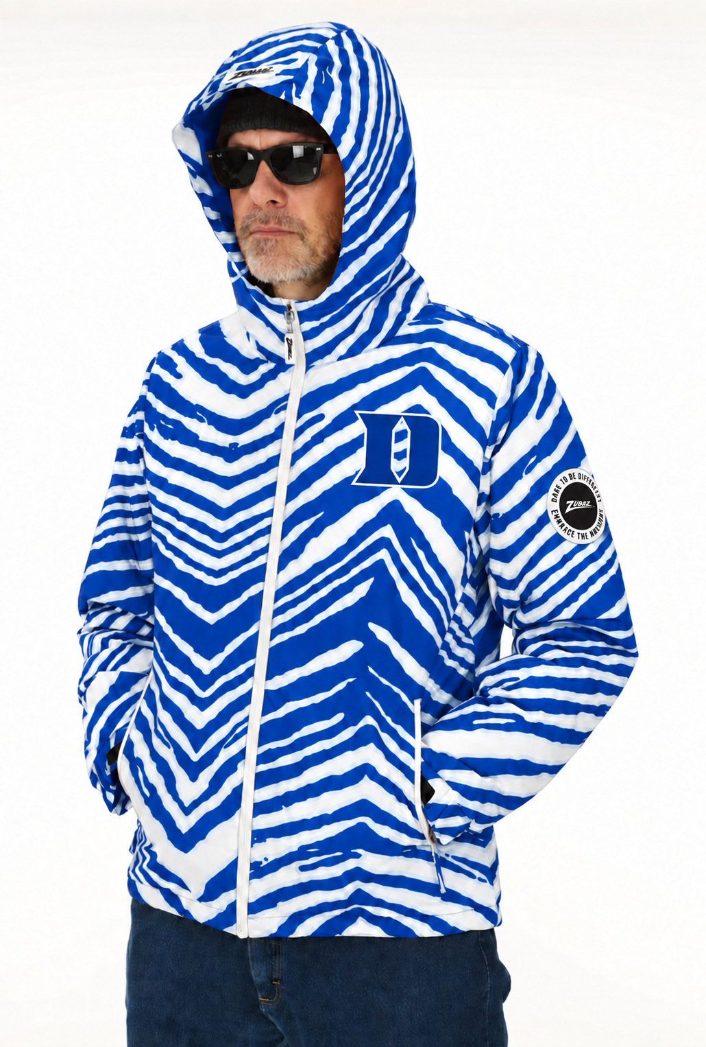 Zubaz NCAA Duke Blue Devils Adult Unisex Team Color Zebra Bleacher Blazer Snow Jacket — front hood up with circular Zubaz sleeve patch