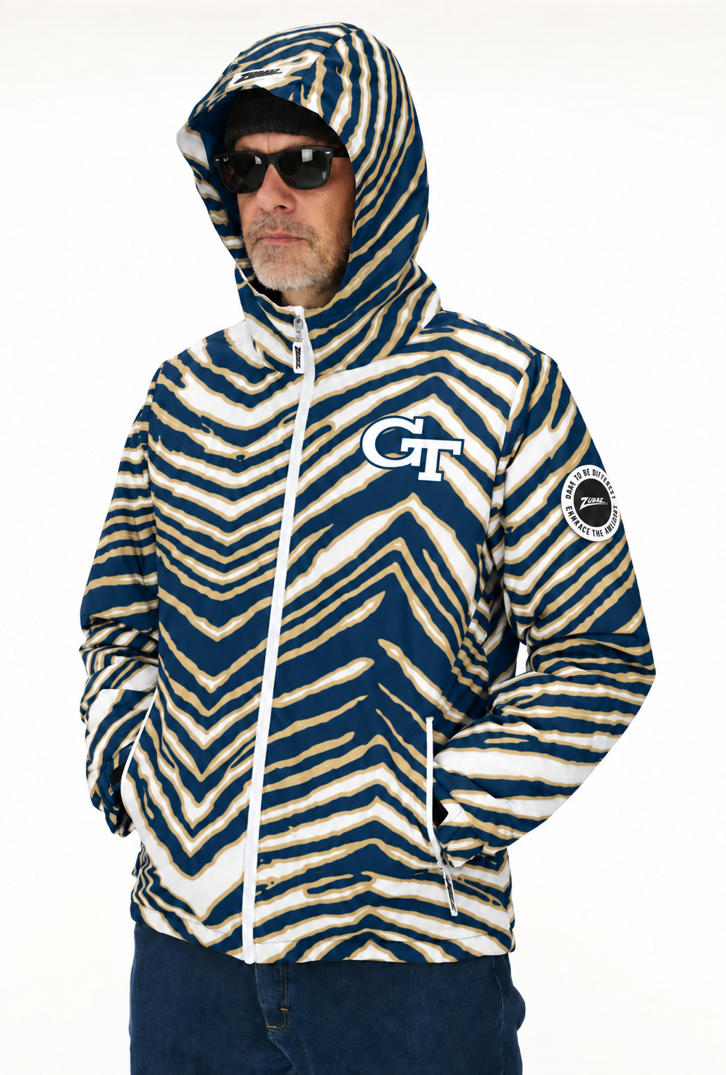 Zubaz NCAA Georgia Tech Yellow Jackets Adult Unisex Team Color Zebra Bleacher Blazer Snow Jacket — front hood up with circular Zubaz sleeve patch