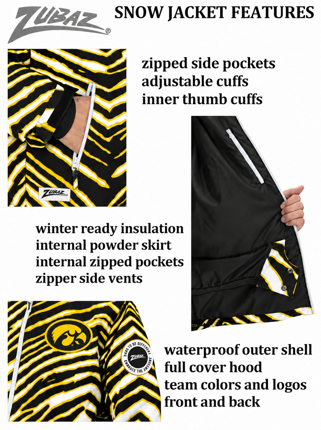 Zubaz NCAA Iowa Hawkeyes Adult Unisex Team Color Zebra Bleacher Blazer Snow Jacket — features with circular Zubaz sleeve patch