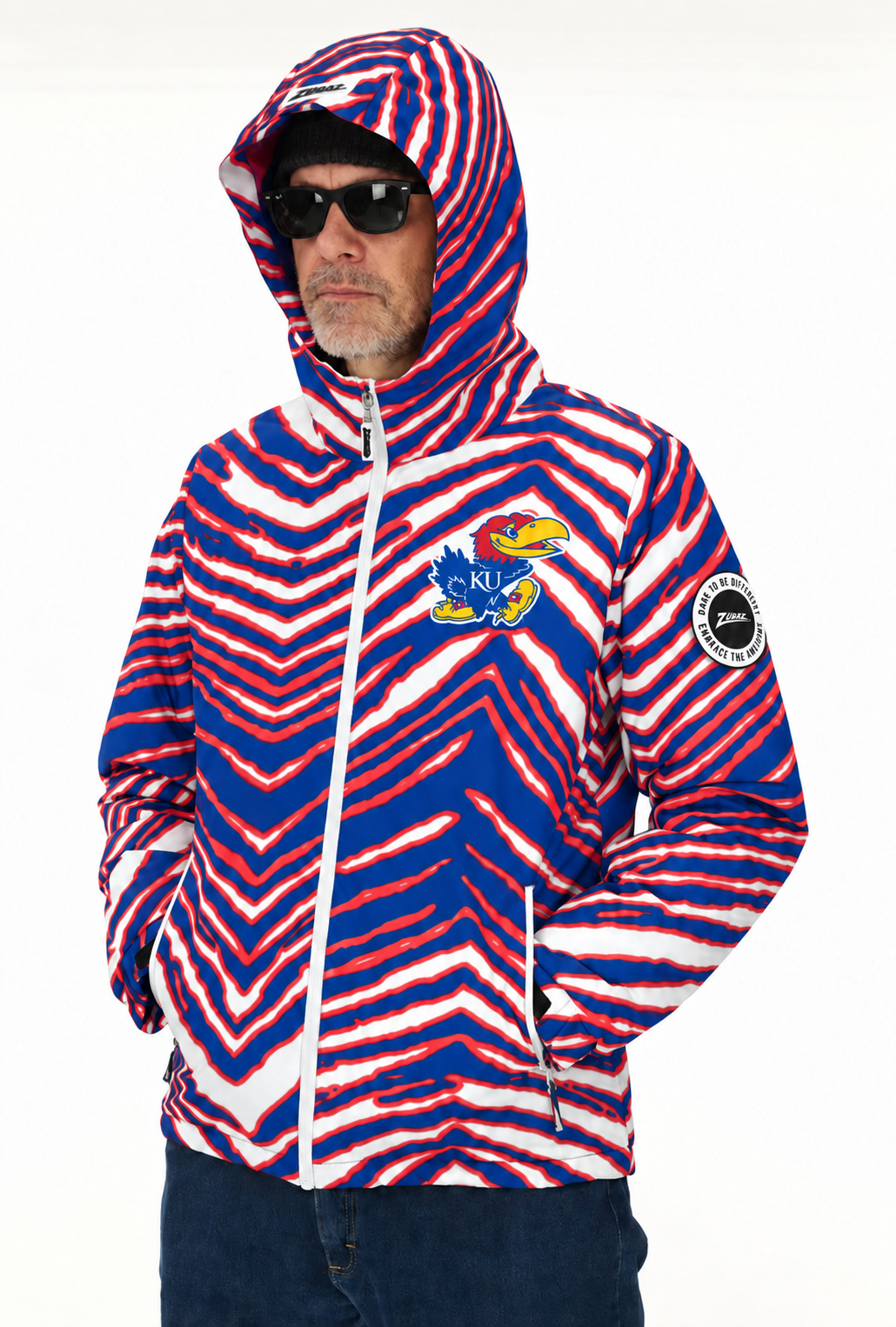 Zubaz NCAA Kansas Jayhawks Adult Unisex Team Color Zebra Bleacher Blazer Snow Jacket — front hood up with circular Zubaz sleeve patch
