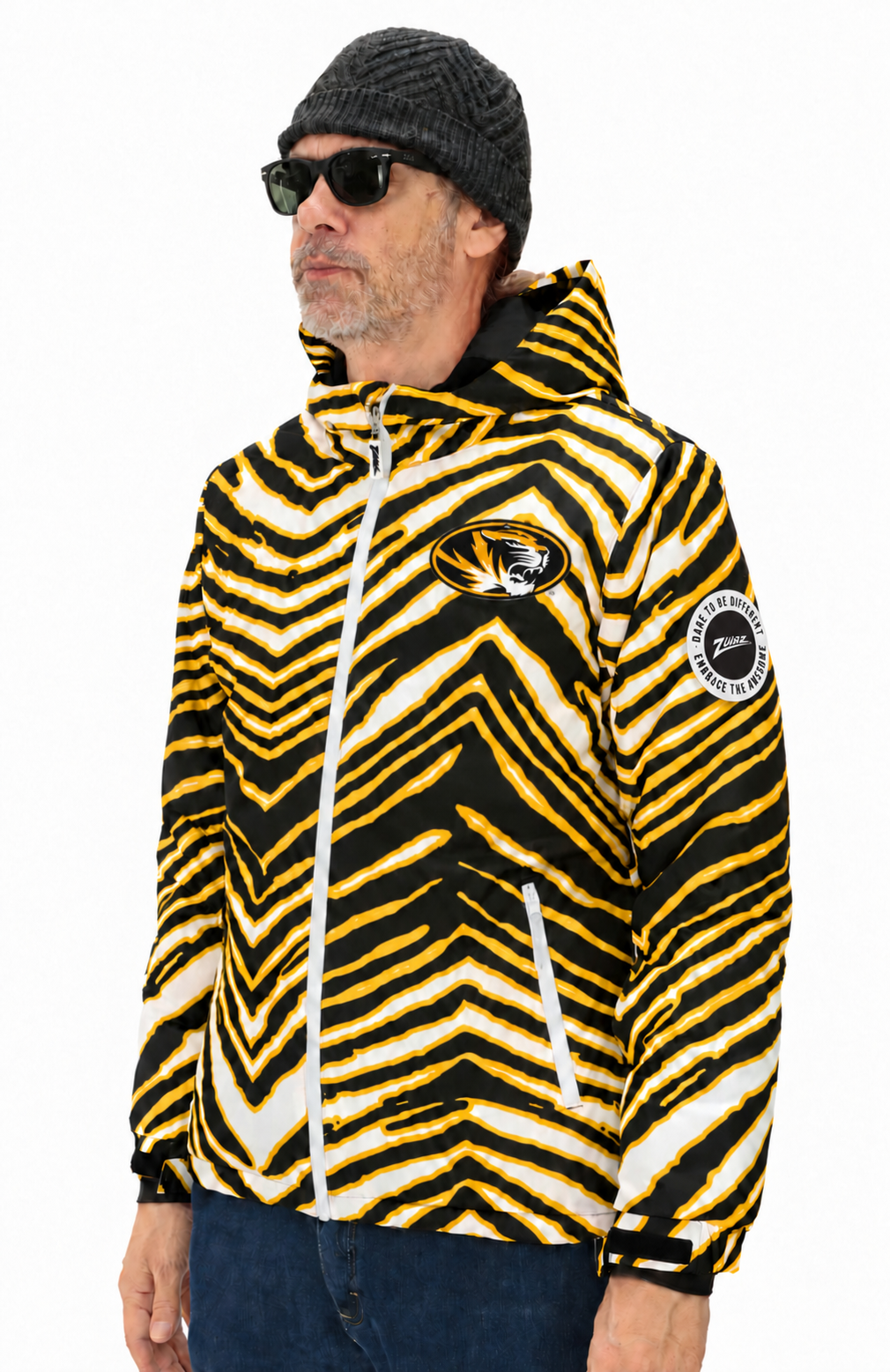 Missouri Tigers Bleacher Blazer snow jacket, hood down, with Zubaz sleeve patch