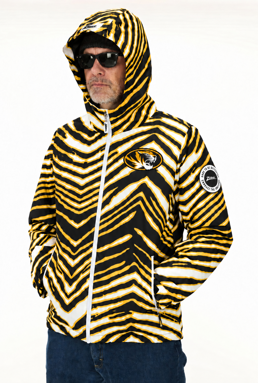 Missouri Tigers Bleacher Blazer snow jacket, hood up, with Zubaz sleeve patch