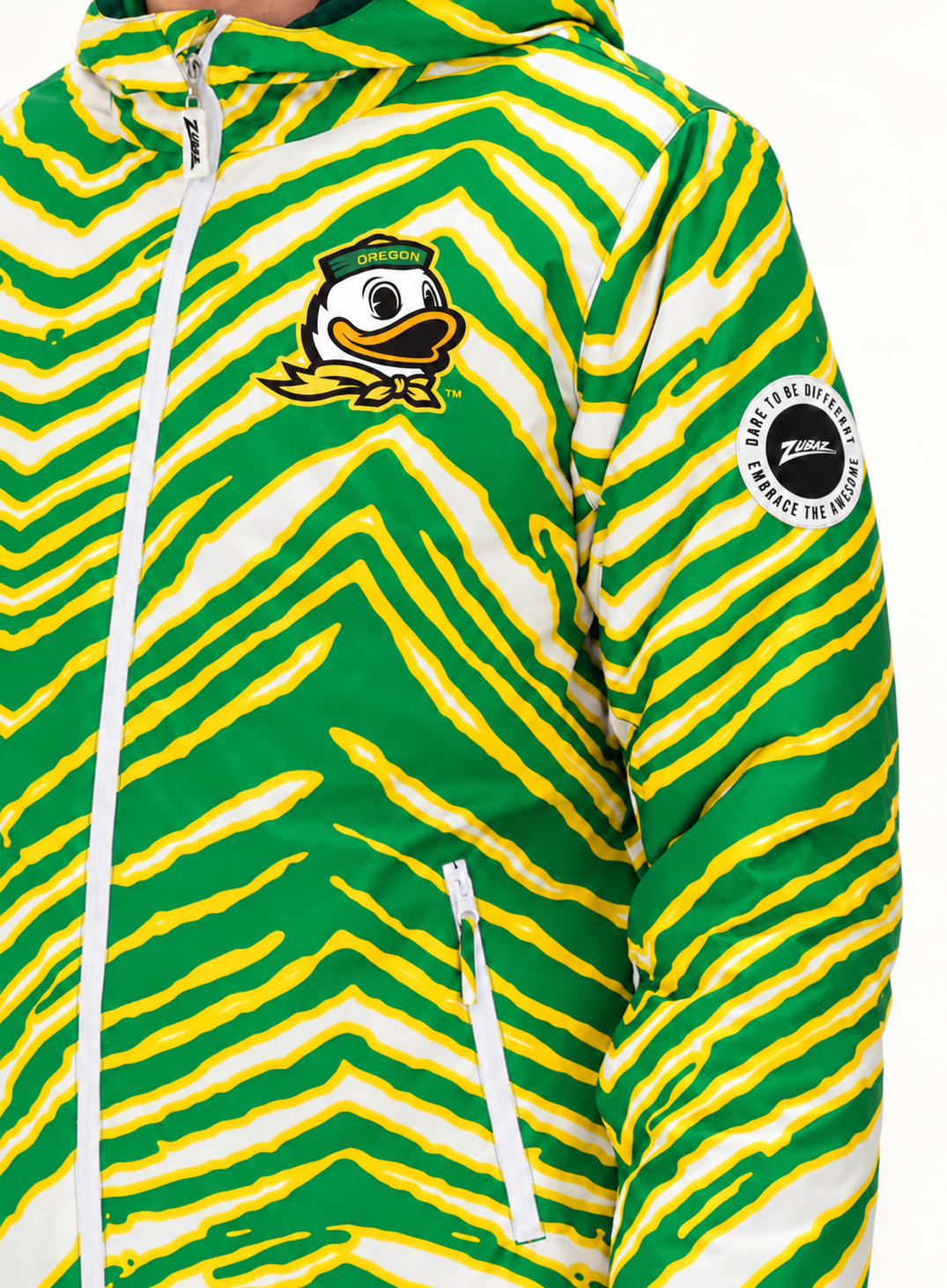 Zubaz NCAA Oregon Ducks Adult Unisex Team Color Zebra Bleacher Blazer Snow Jacket — detail with circular Zubaz sleeve patch