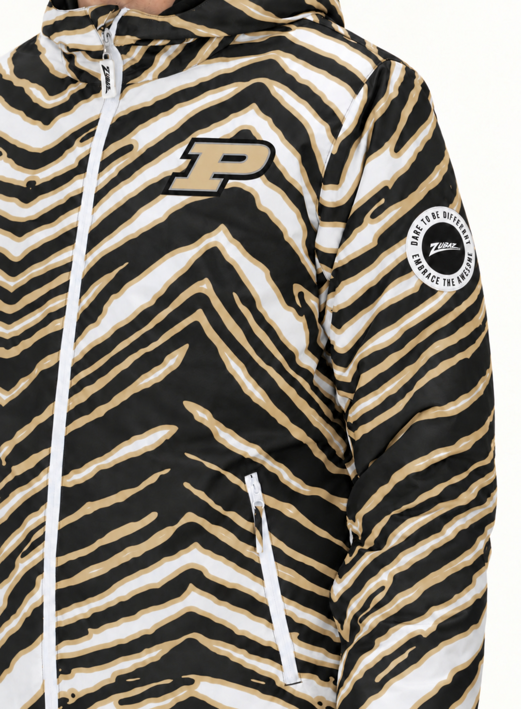 Zubaz NCAA Purdue Boilermakers Adult Unisex Team Color Zebra Bleacher Blazer Snow Jacket — detail with circular Zubaz sleeve patch