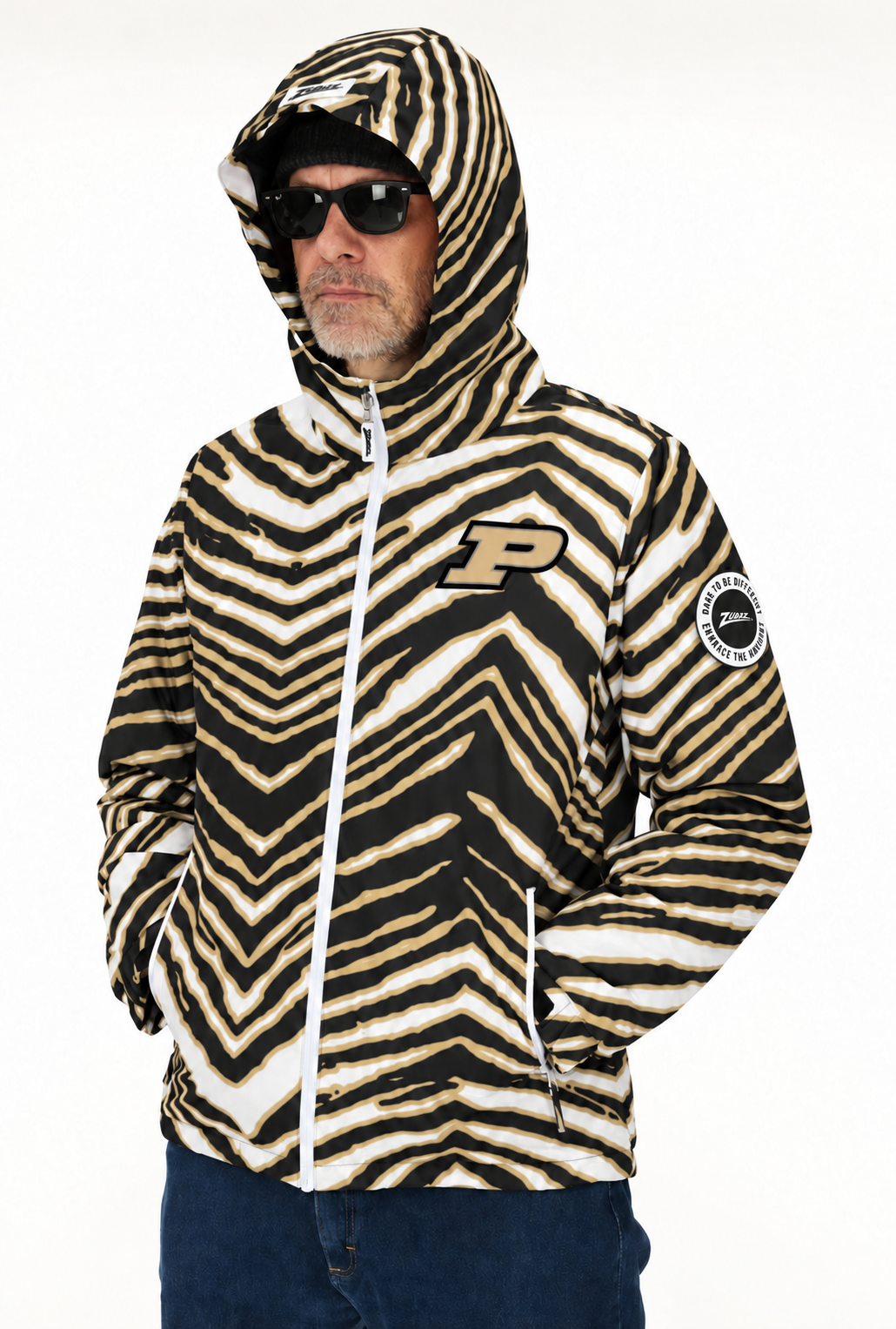 Zubaz NCAA Purdue Boilermakers Adult Unisex Team Color Zebra Bleacher Blazer Snow Jacket — front hood up with circular Zubaz sleeve patch
