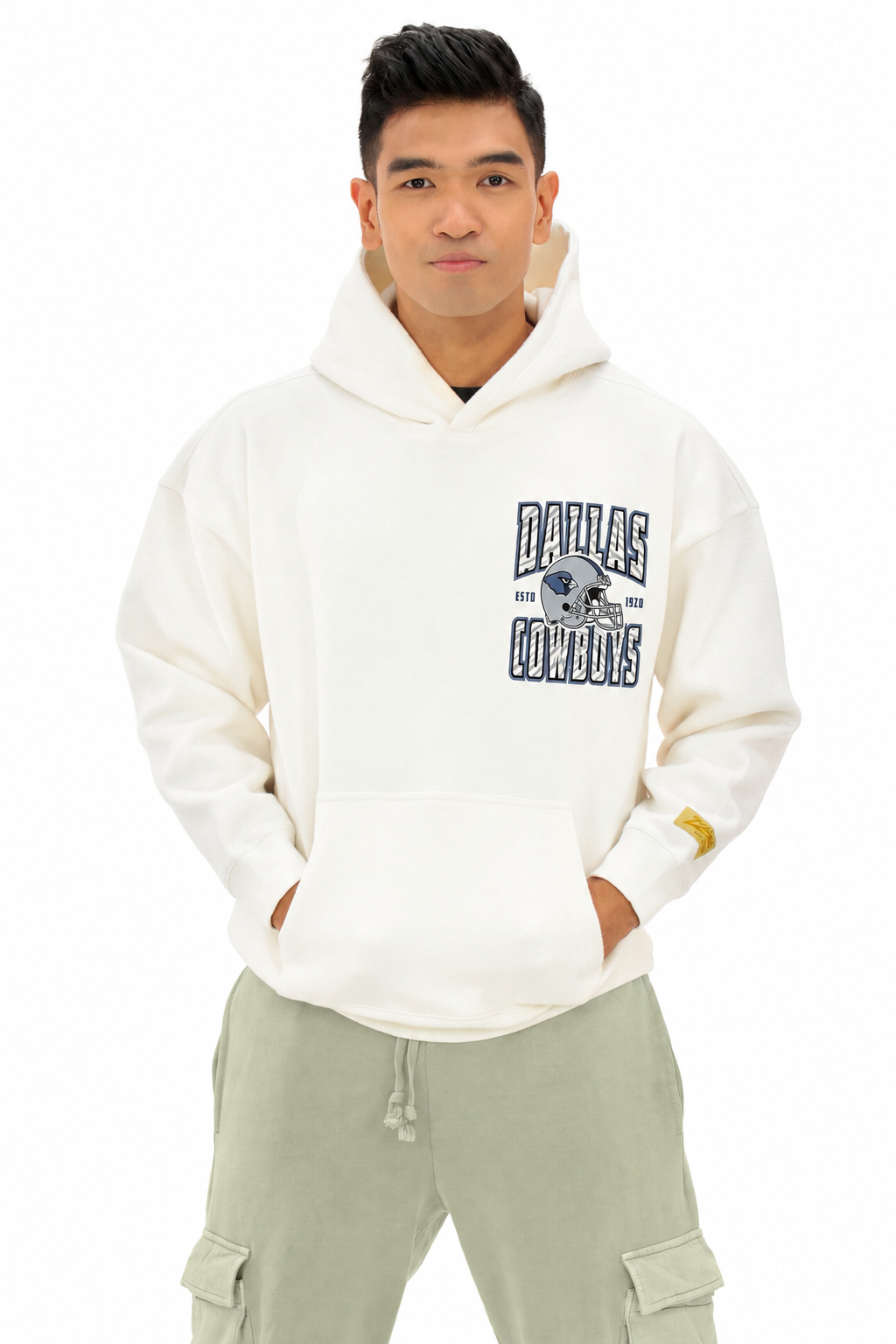Zubaz NFL UNISEX 90s Helmet Drop Shoulder Hoodies-Off White, DALLAS COWBOYS