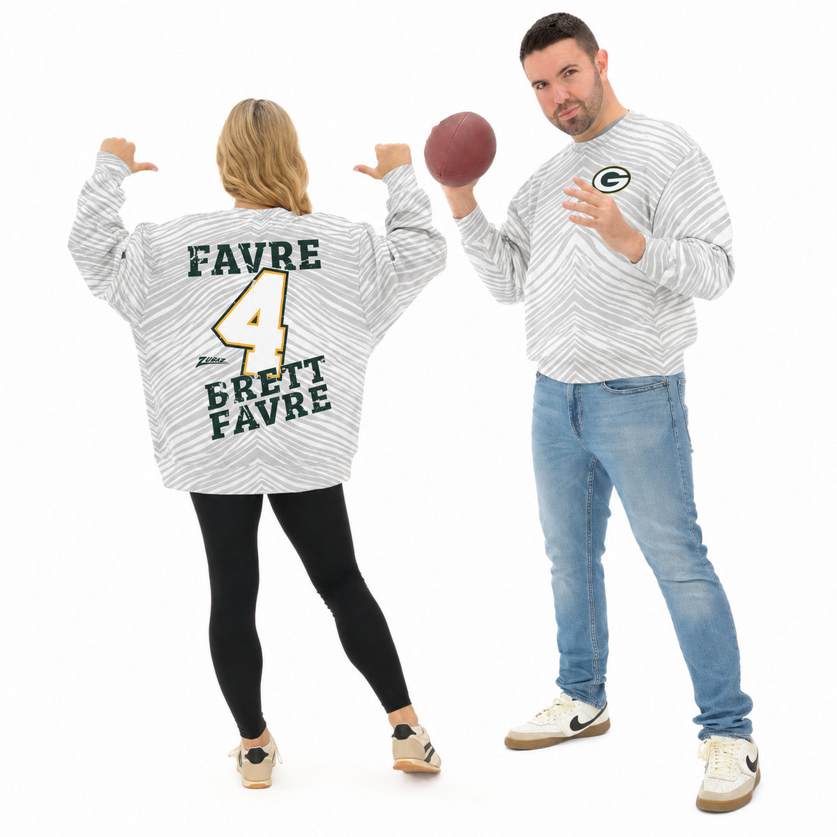 Zubaz NFL Unisex Legends 90s Vintage Full back Zebra Crewneck, Brett Favre-Green Bay Packers