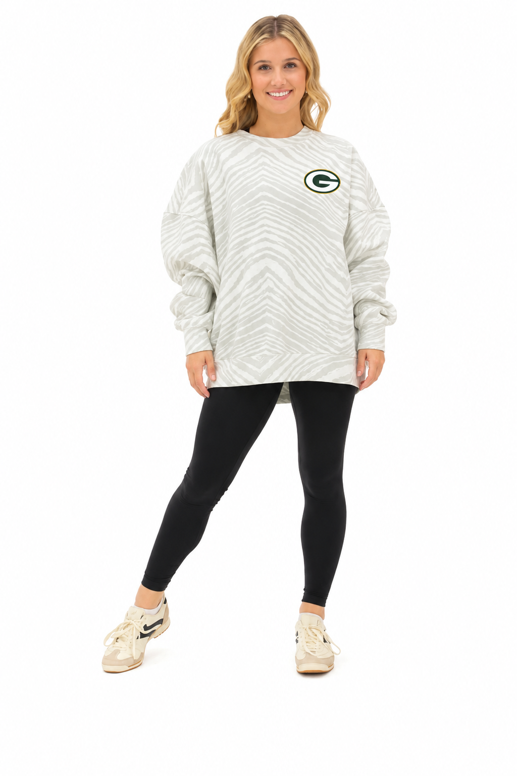 Zubaz NFL Unisex Legends 90s Vintage Full back Zebra Crewneck, Brett Favre-Green Bay Packers