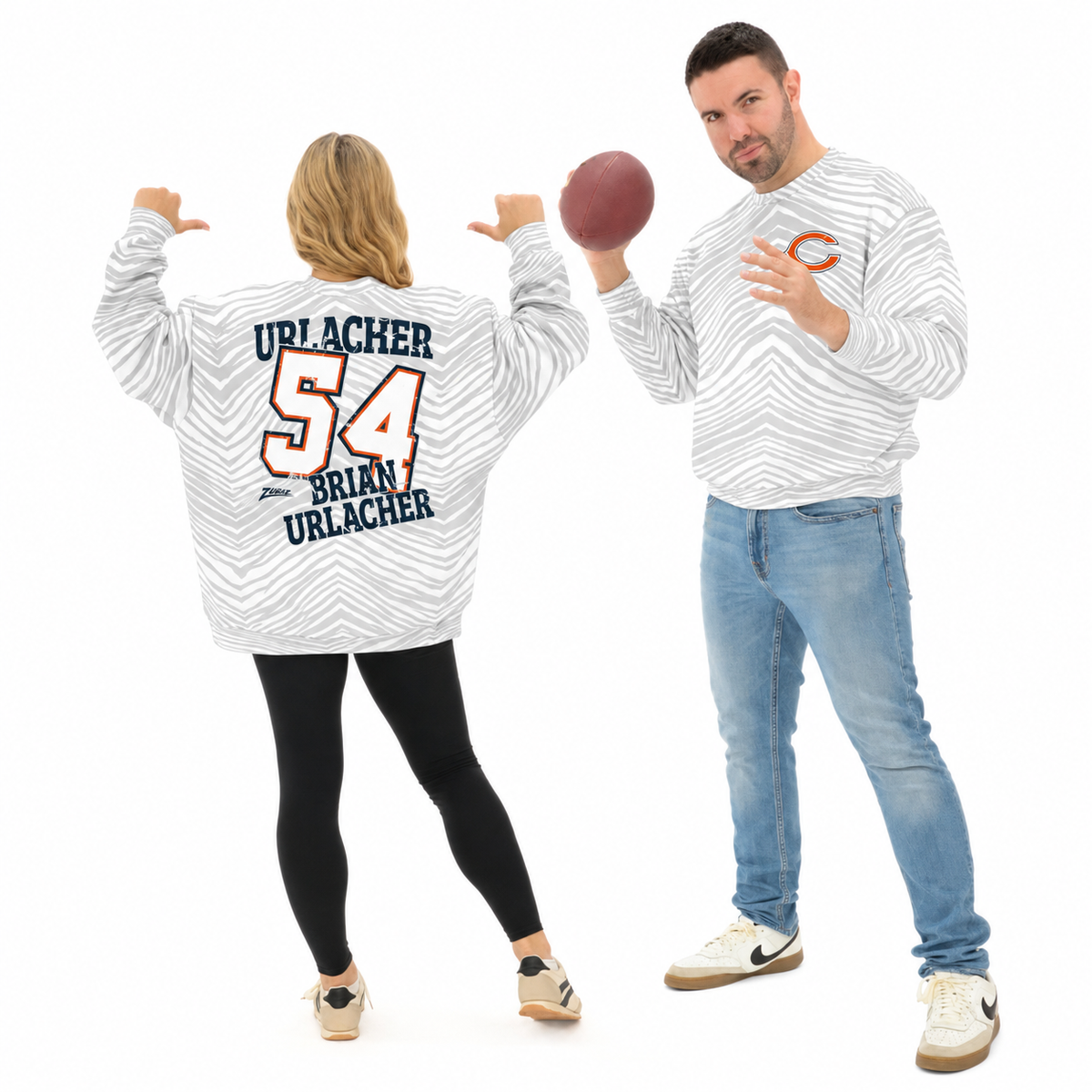 Zubaz NFL Unisex Legends 90s Vintage Full back Zebra Crewneck, Brian Urlacher-Chicago Bears