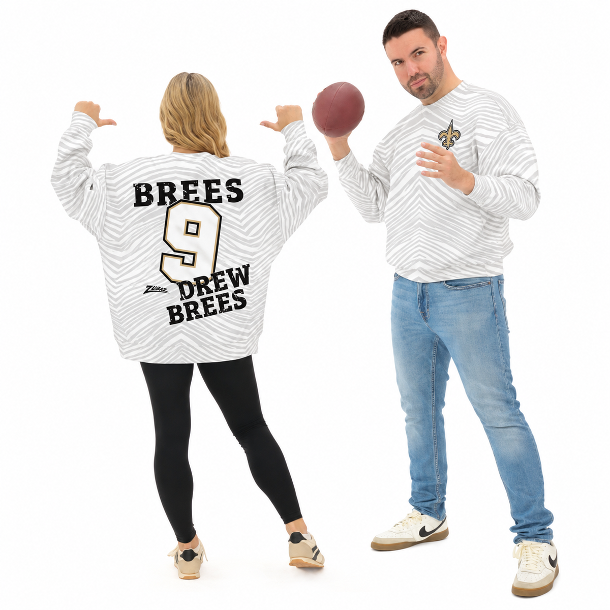 Zubaz NFL Unisex Legends 90s Vintage Full back Zebra Crewneck, Drew Brees-New Orleans Saints