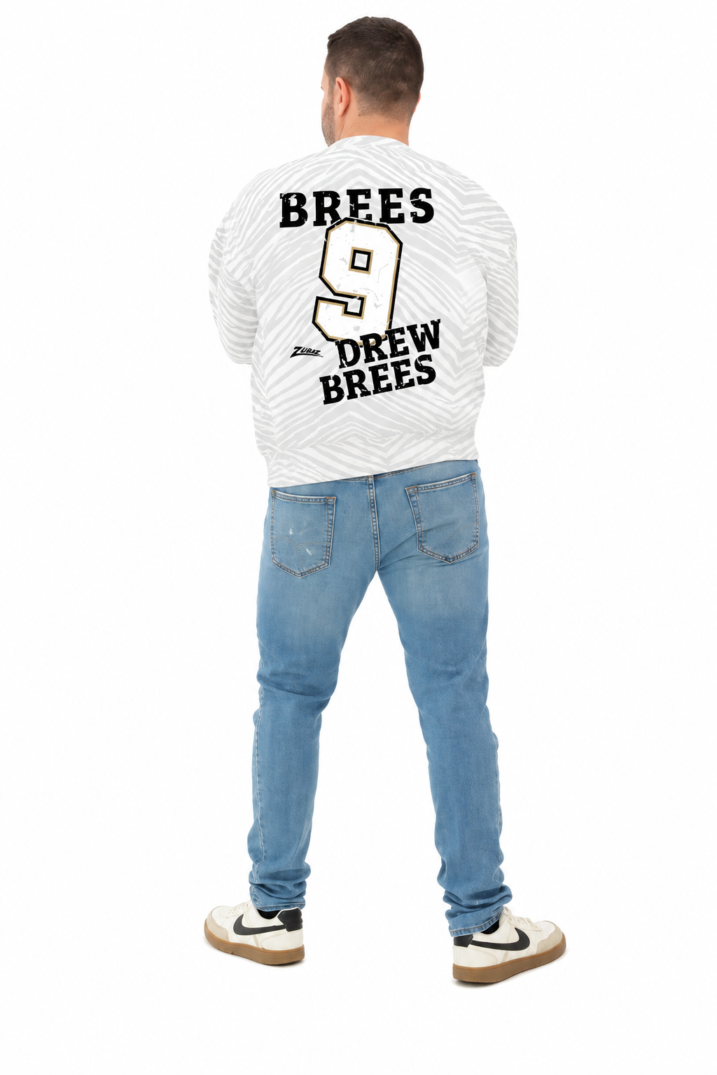 Zubaz NFL Unisex Legends 90s Vintage Full back Zebra Crewneck, Drew Brees-New Orleans Saints