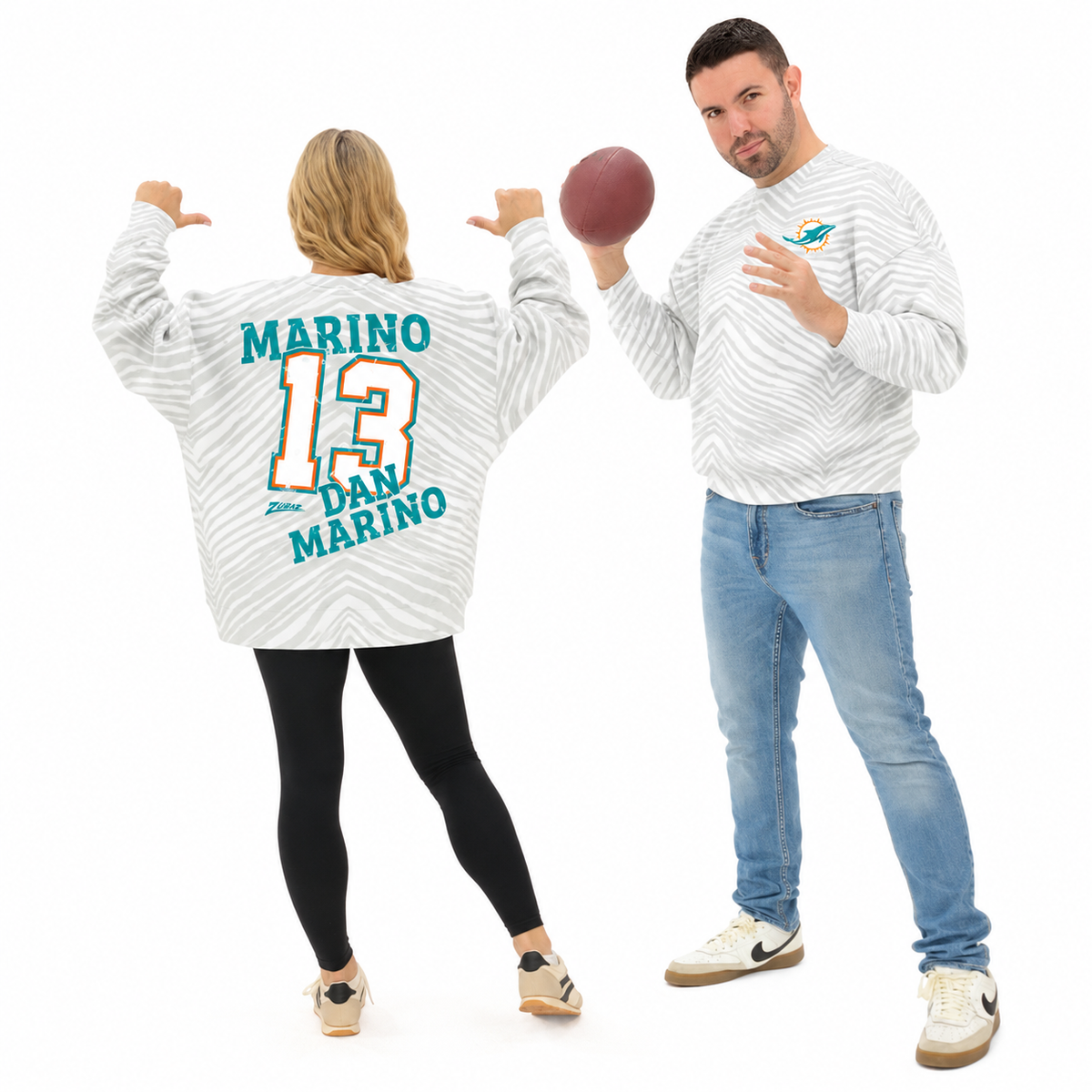 Zubaz NFL Unisex Legends 90s Vintage Full back Zebra Crewneck, Dan Marino-Miami Dolphins