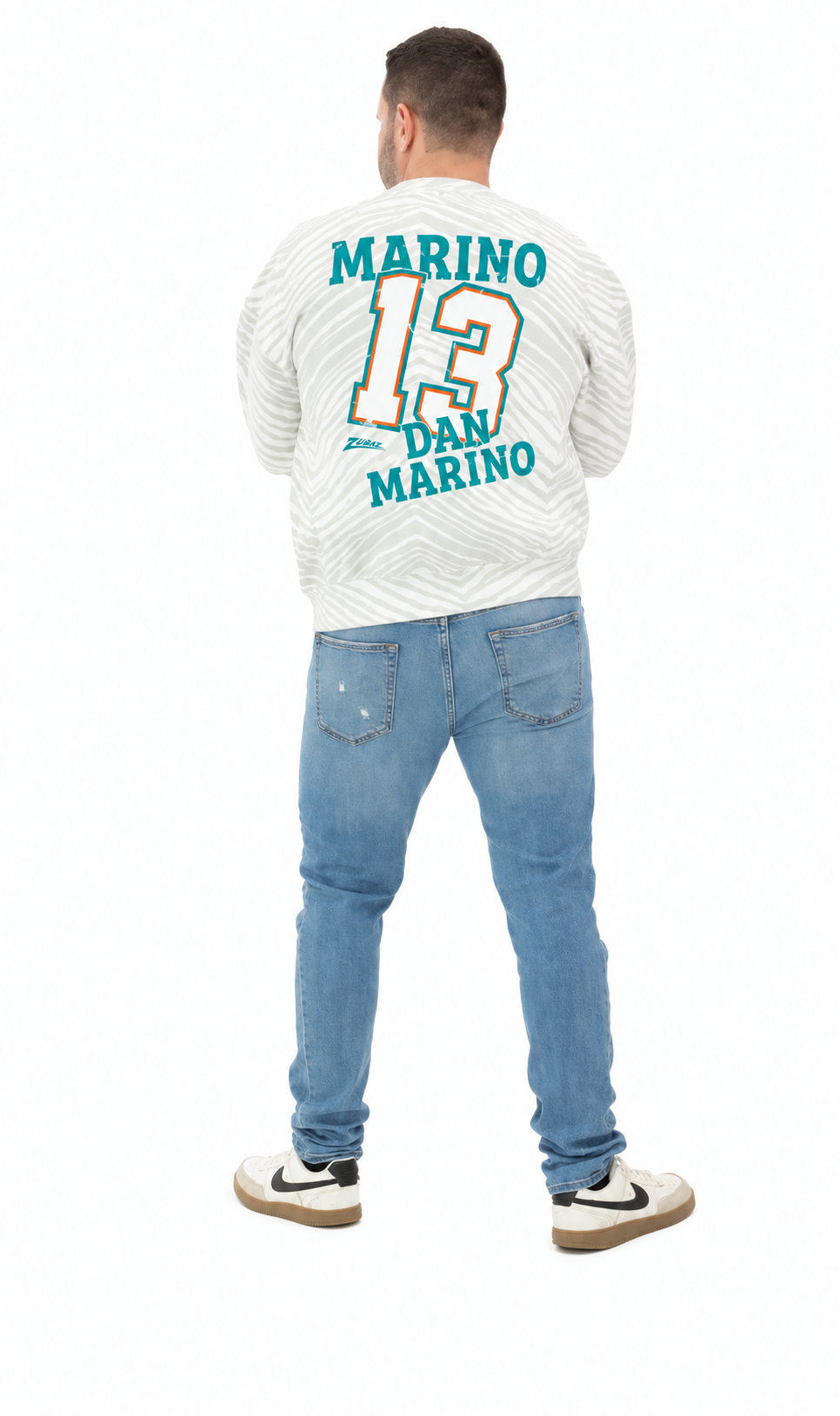 Zubaz NFL Unisex Legends 90s Vintage Full back Zebra Crewneck, Dan Marino-Miami Dolphins