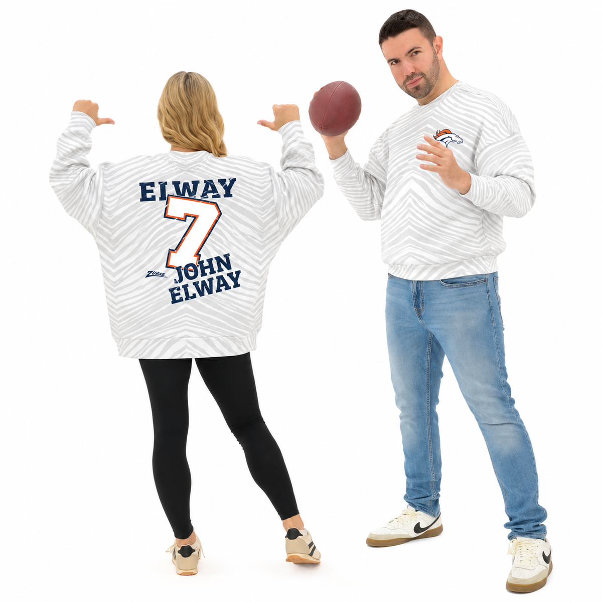 Zubaz NFL Unisex Legends 90s Vintage Full back Zebra Crewneck, John Elway-Denver Broncos
