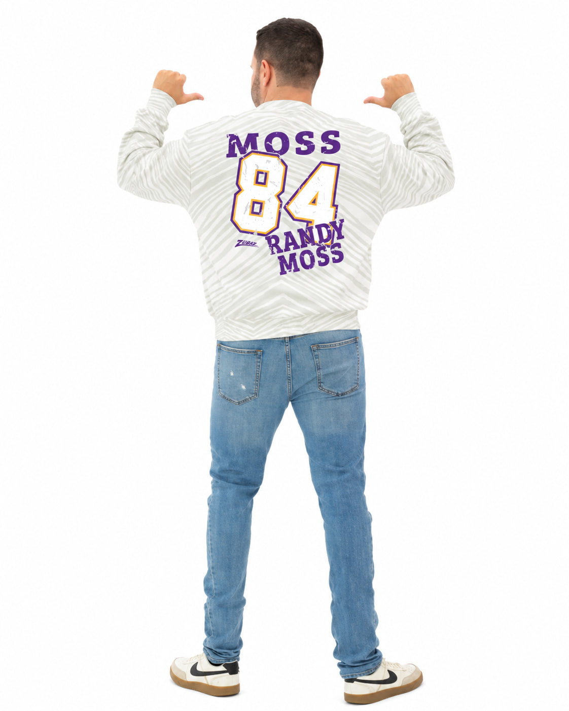 Zubaz NFL Unisex Legends 90s Vintage Full back Zebra Crewneck, Randy Moss-Minnesota Vikings