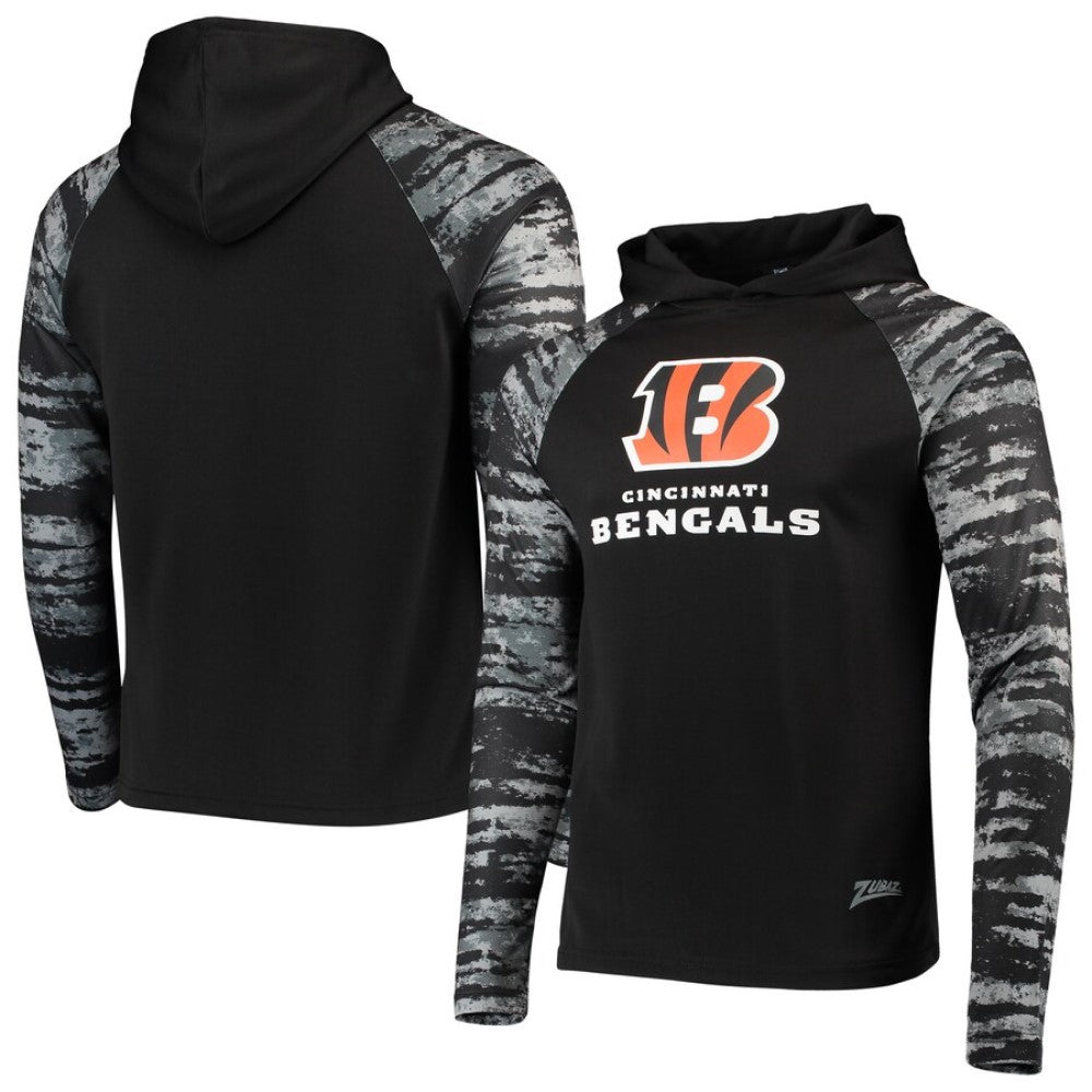 Zubaz NFL CINCINNATI BENGALS SOLID BLACK W/TONAL CHARCOAL OXIDE FRENCH TERRY LW HOOD SM