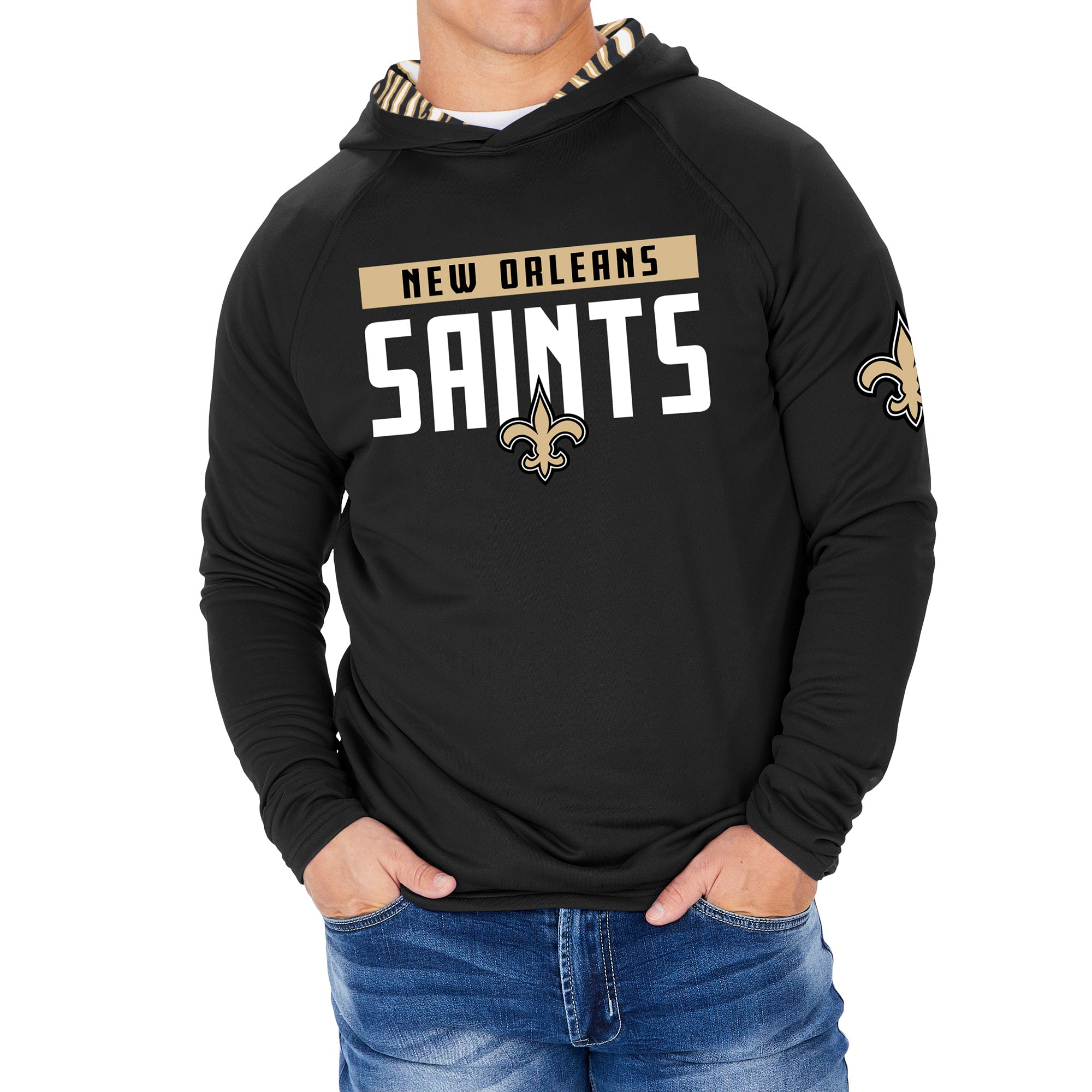 Zubaz NFL Men's Light Weight Team Color Hoodie With 3 Tone Zebra Lined Hood, Great Play Logo, New Orleans Saints - Official N