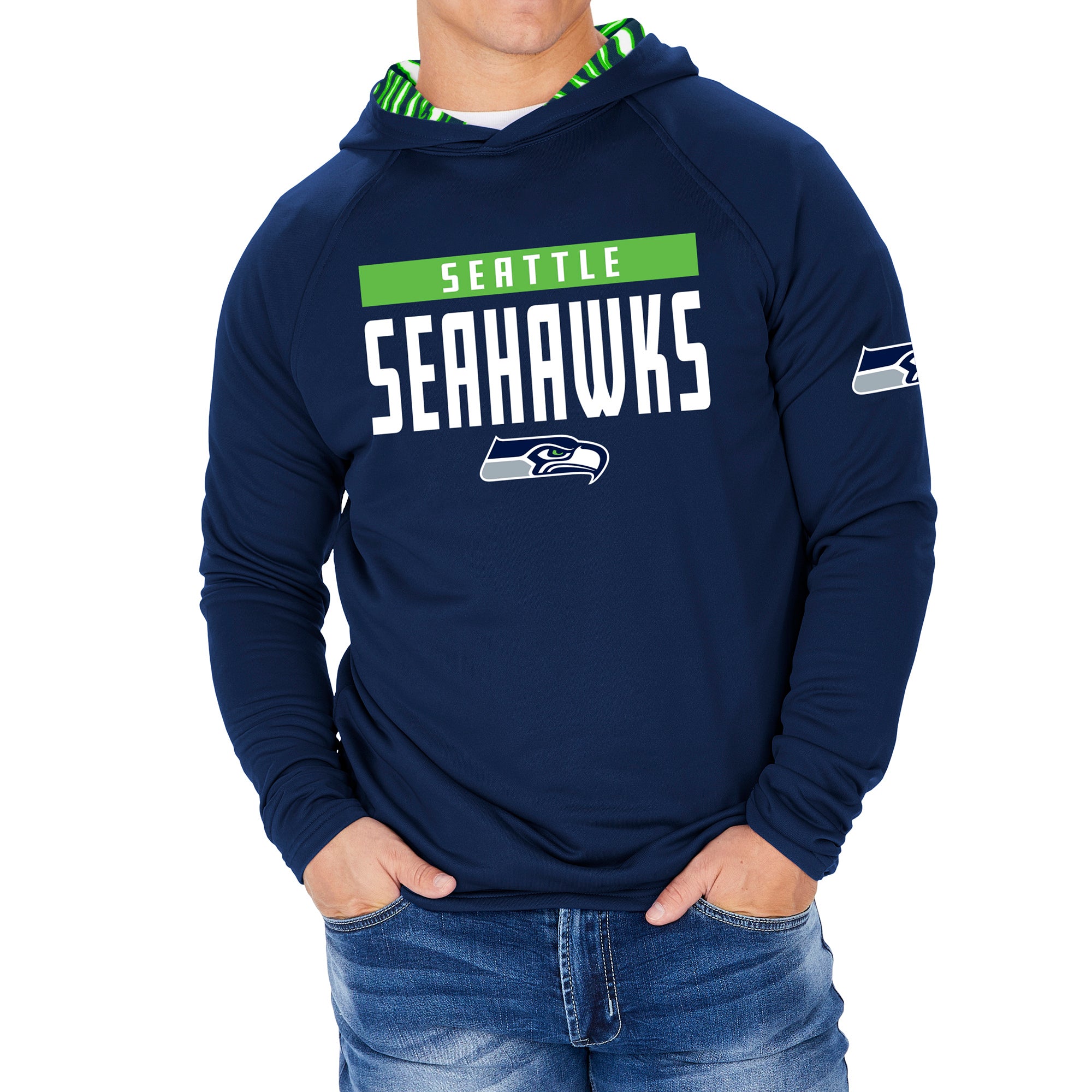 Zubaz NFL Men's Light Weight Team Color Hoodie With 3 Tone Zebra Lined Hood, Great Play Logo, Seattle Seahawks - Official NFL