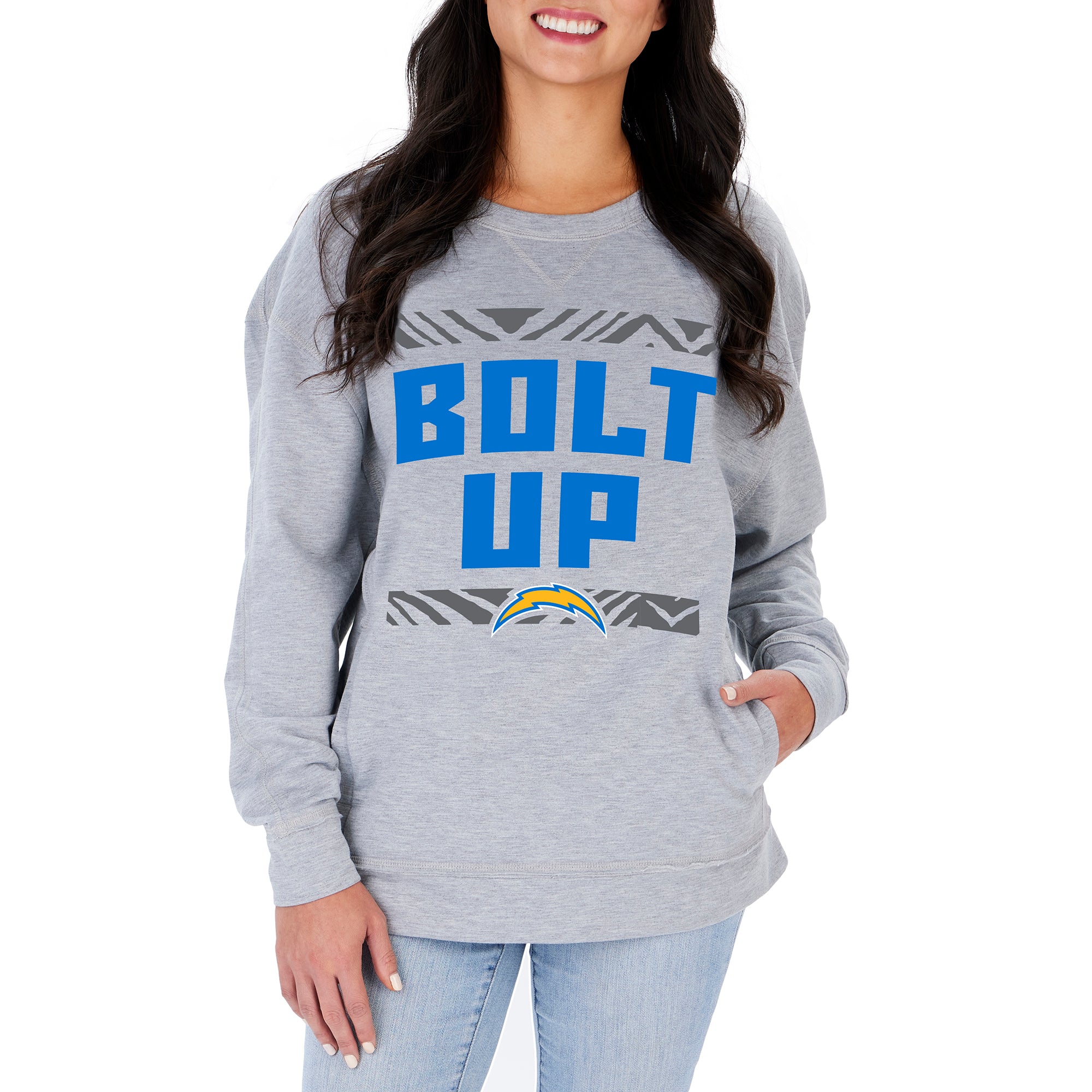 Zubaz NFL LOS ANGELES CHARGERS WOMENS HEATHER GRAY CREW W/ POCKET LG