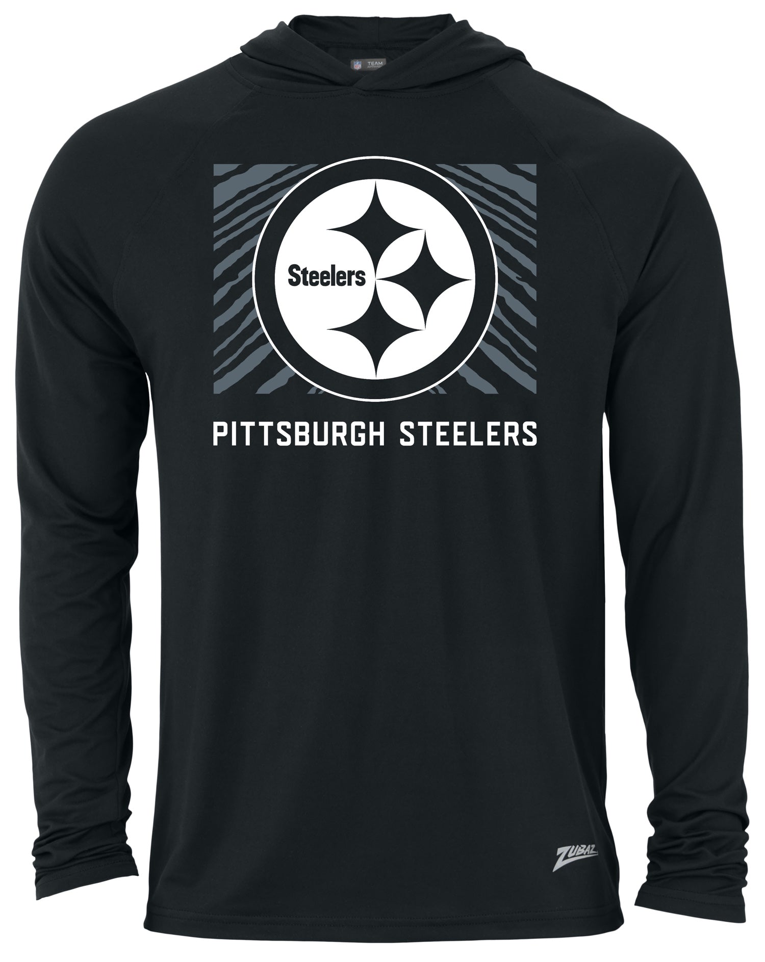 Zubaz NFL Men's Light Weight Black Body Hoodie, Gray Zebra Square Logo, Pittsburgh Steelers - Official NFL Steelers Zubaz App