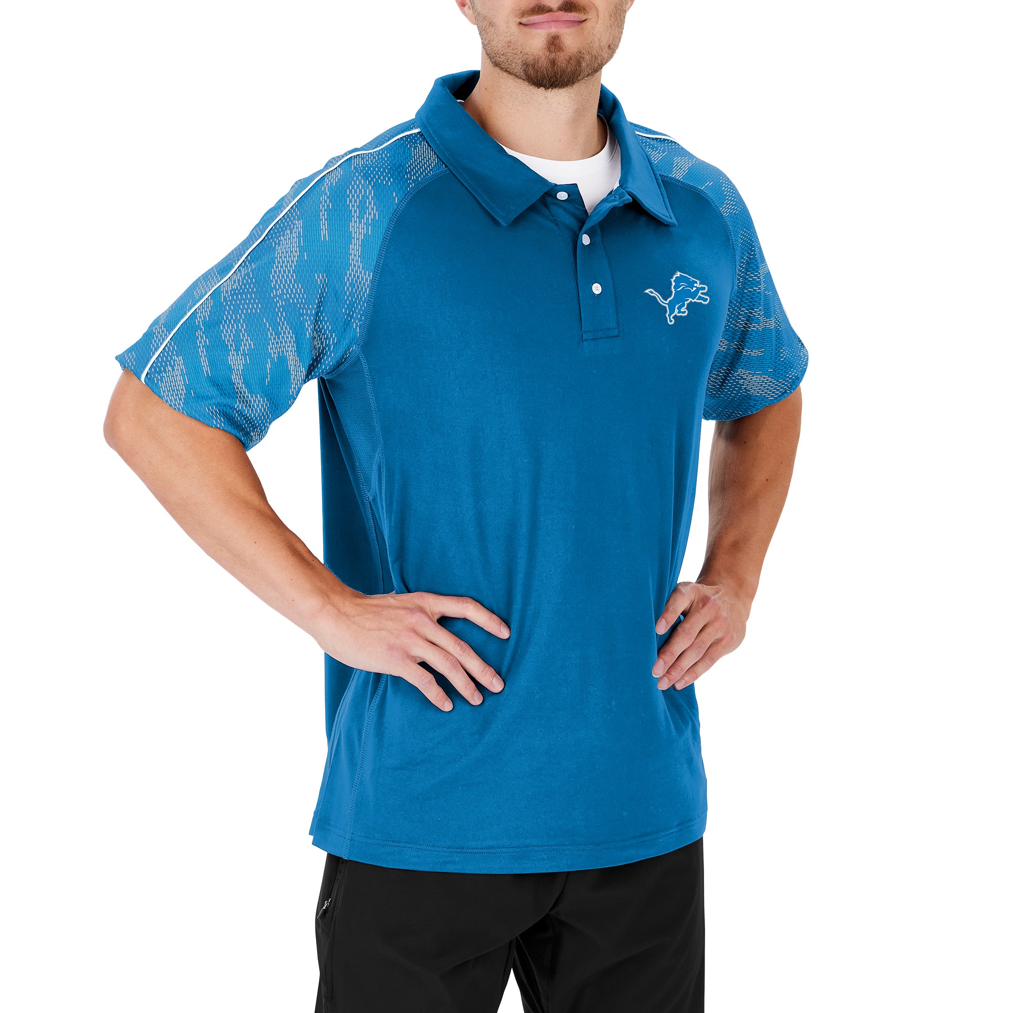 Zubaz NFL Men's DETROIT LIONS RAINSTORM BLUE ELEVATED FIELD POLO W/ RAINSTORM BLUE/GRAY VIPER PRINT ACCENT SM