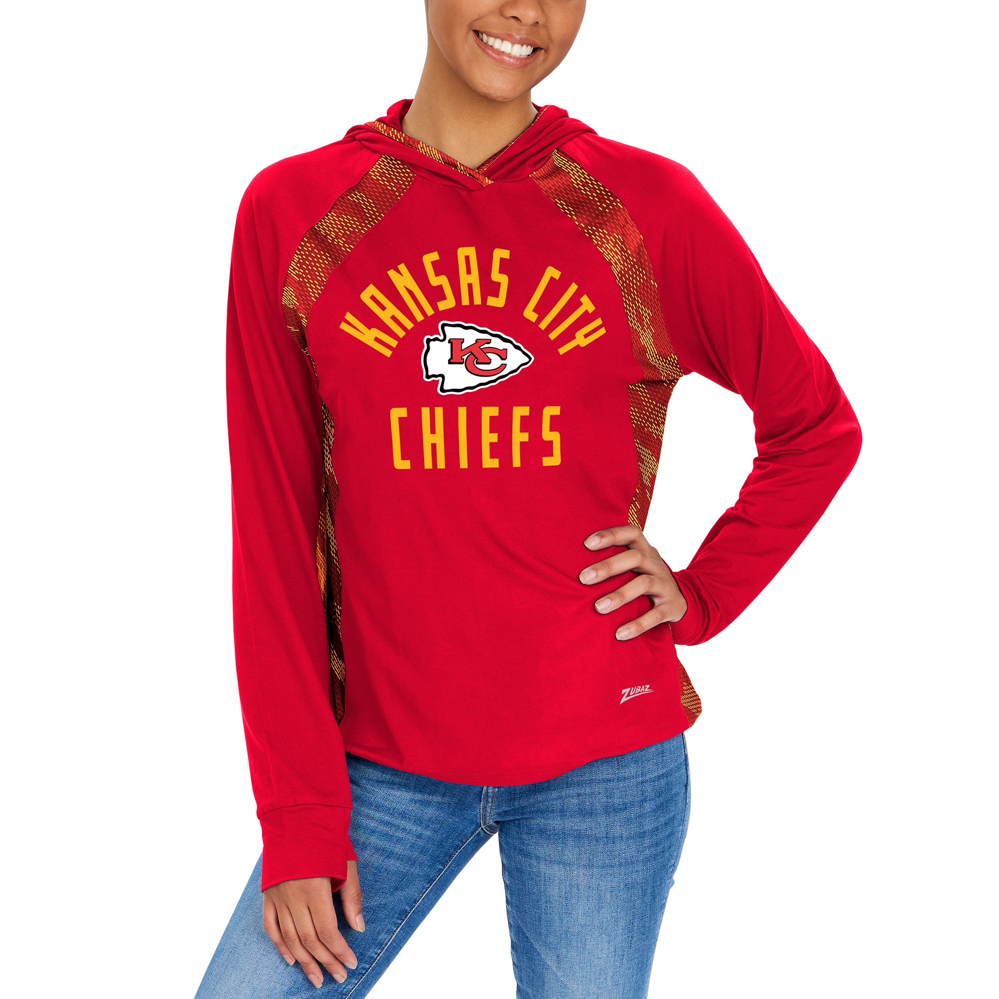 Zubaz NFL KANSAS CITY CHIEFS WOMENS RED ELEVATED LW HOOD W/ RED/GOLD VIPER PRINT BACK XS