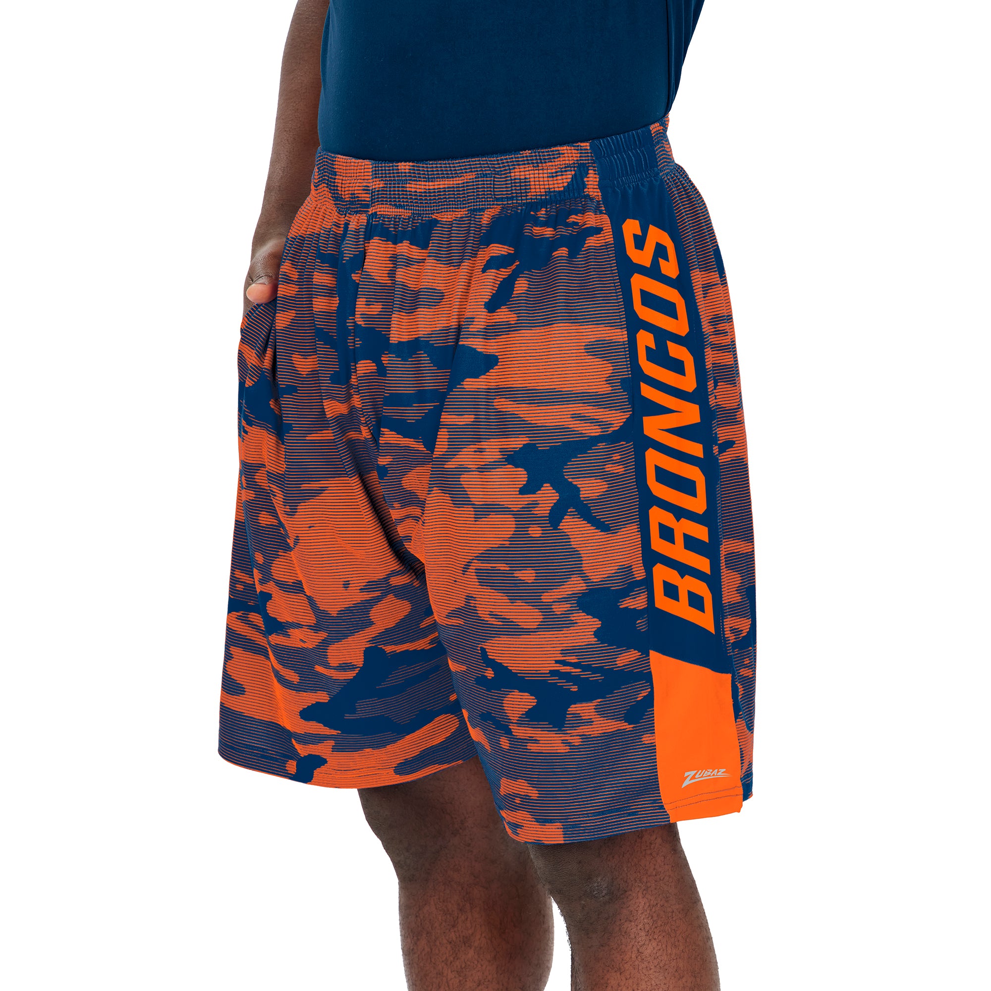 Zubaz NFL Men's DENVER BRONCOS NAVY BLUE/ORANGE CAMO LINES SHORT W/ SOLID SIDE PANELS Large