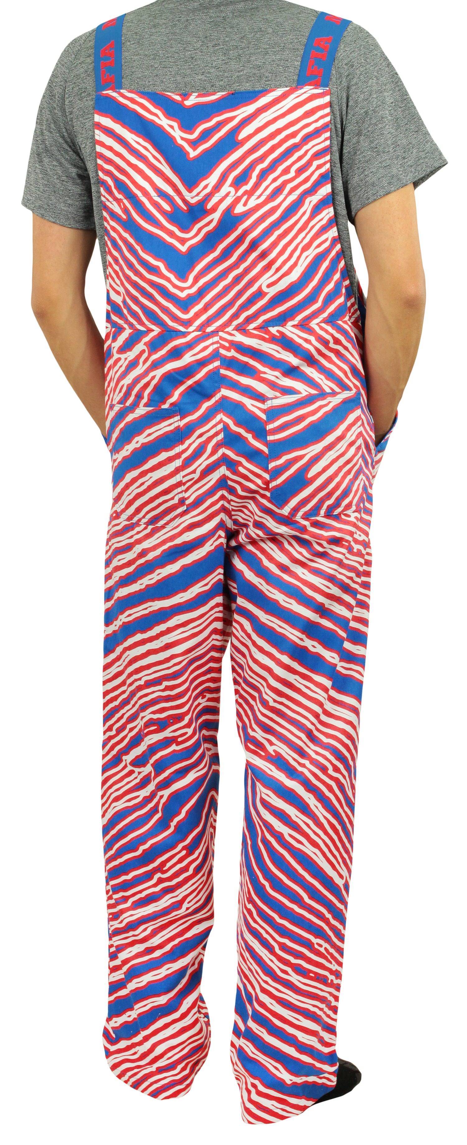 Zubaz NFL BILLS MAFIA ROYAL BLUE/RED ENLARGED ZEBRA OUTLINE BIB OVERALLS