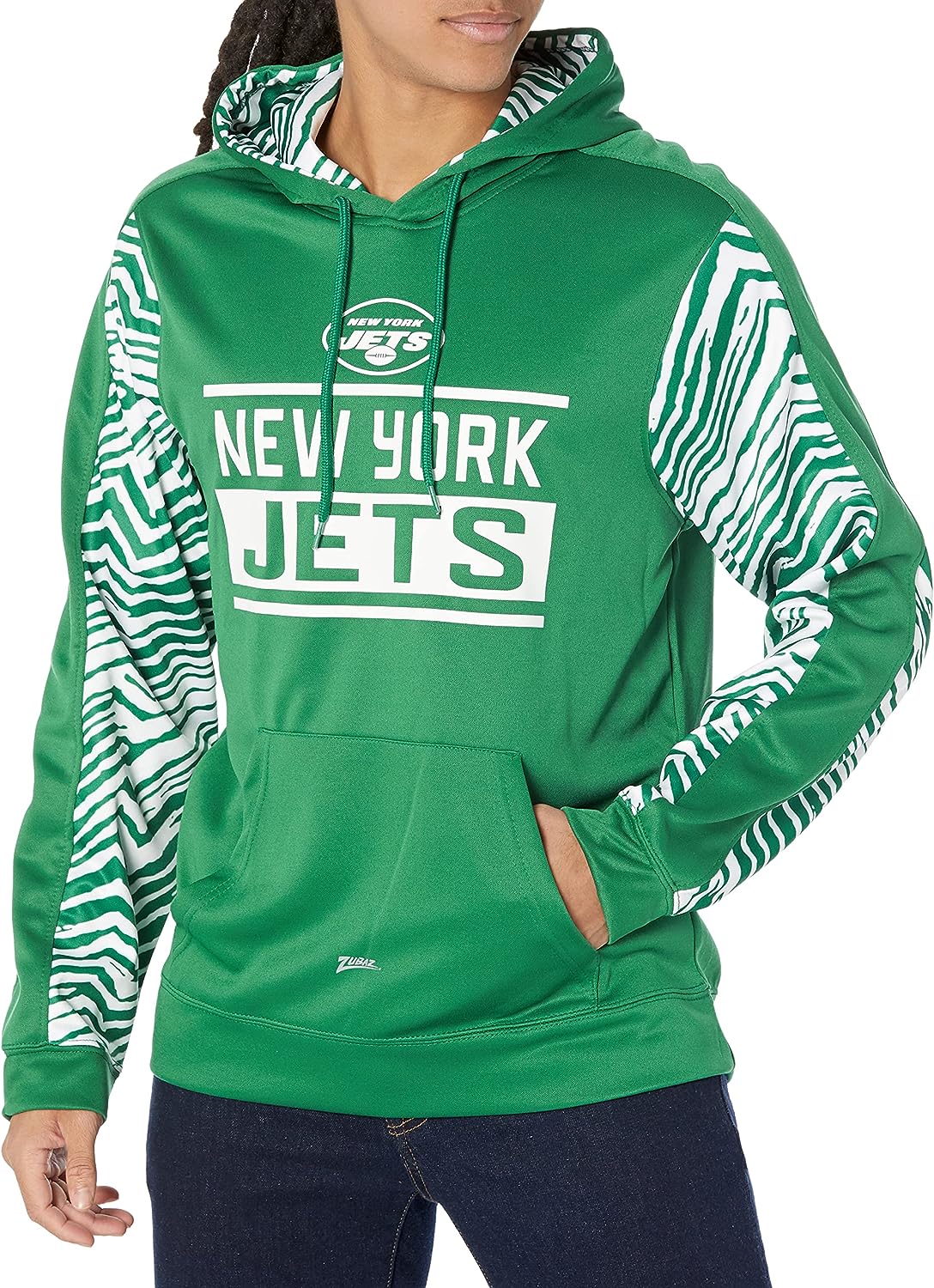 Zubaz NFL Men's New York Jets Team Color with Zebra Accents Pullover Hoodie, DEFECTIVE