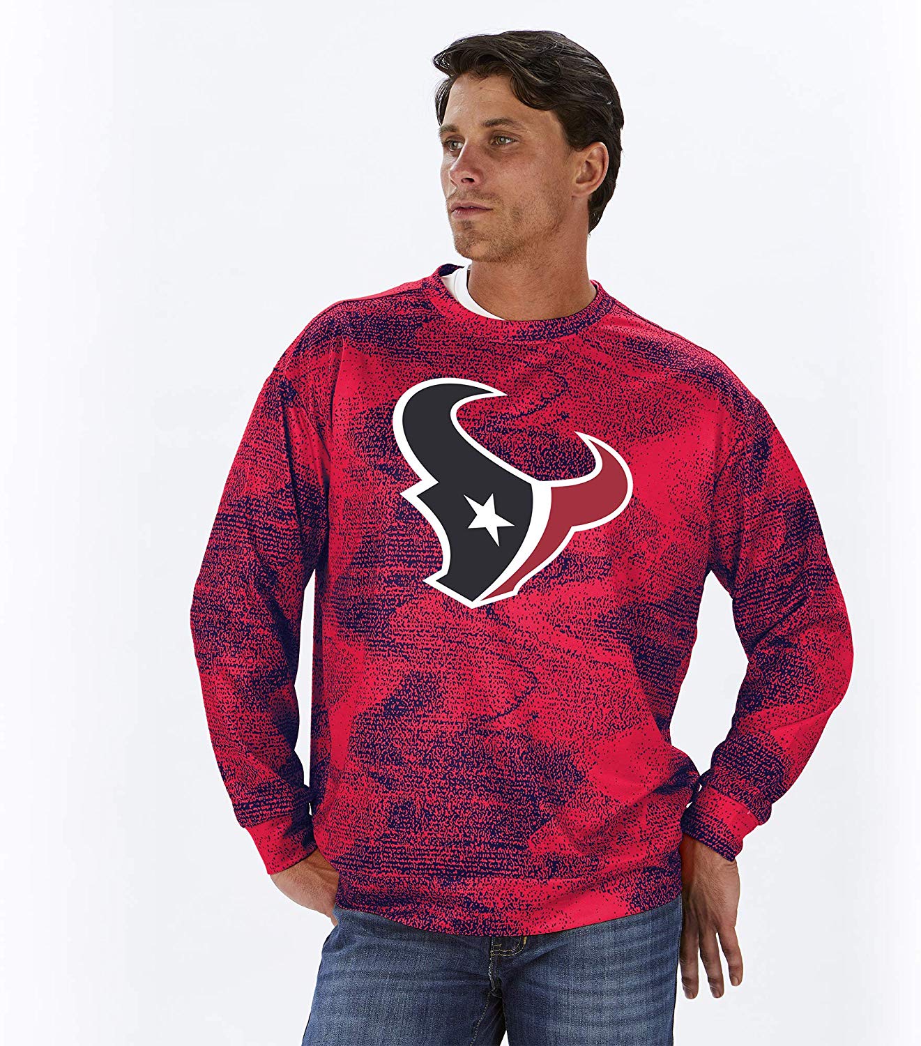 Zubaz NFL MENS HOUSTON TEXANS NAVY/RED STATIC CREW NECK SWEATSHIRT Large