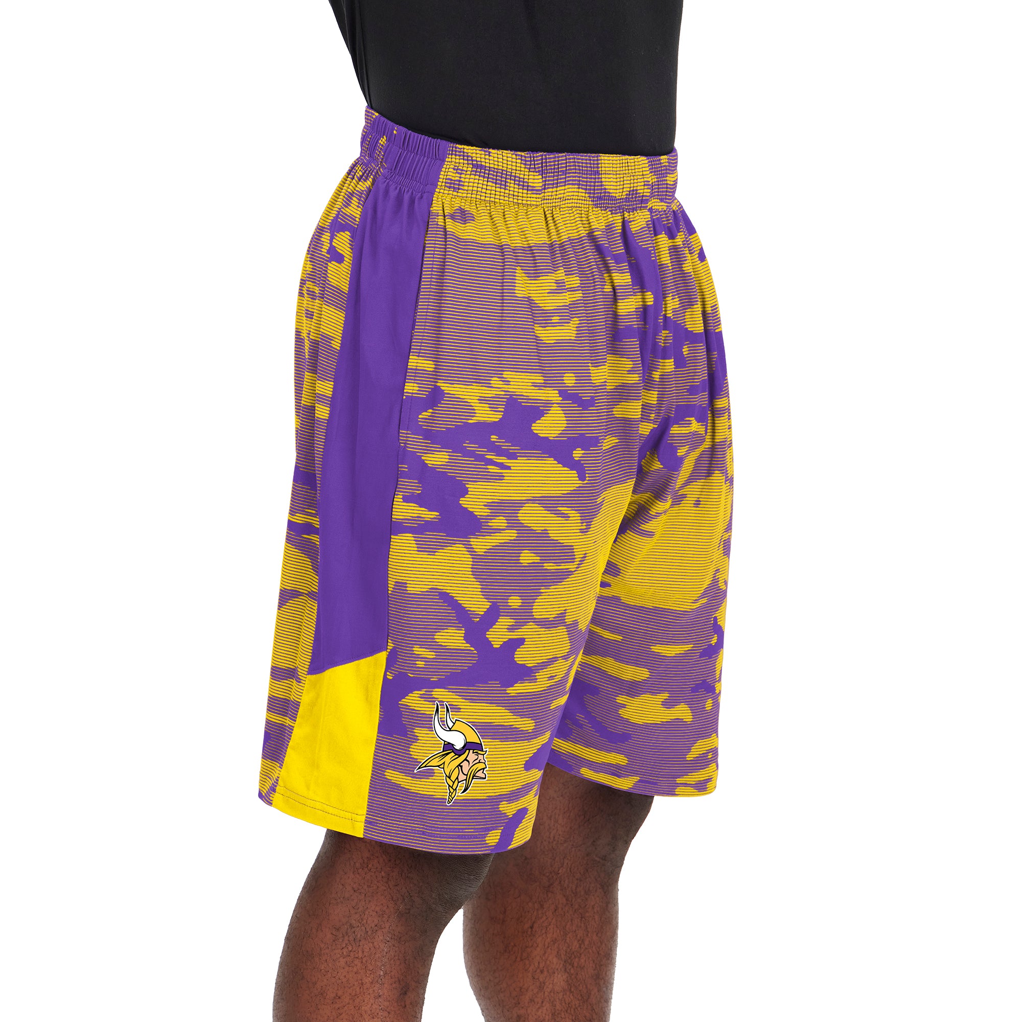 Zubaz NFL MENS MINNESOTA VIKINGS PURPLE/YELLOW CAMO LINES SHORT W/ SOLID SIDE PANELS Large