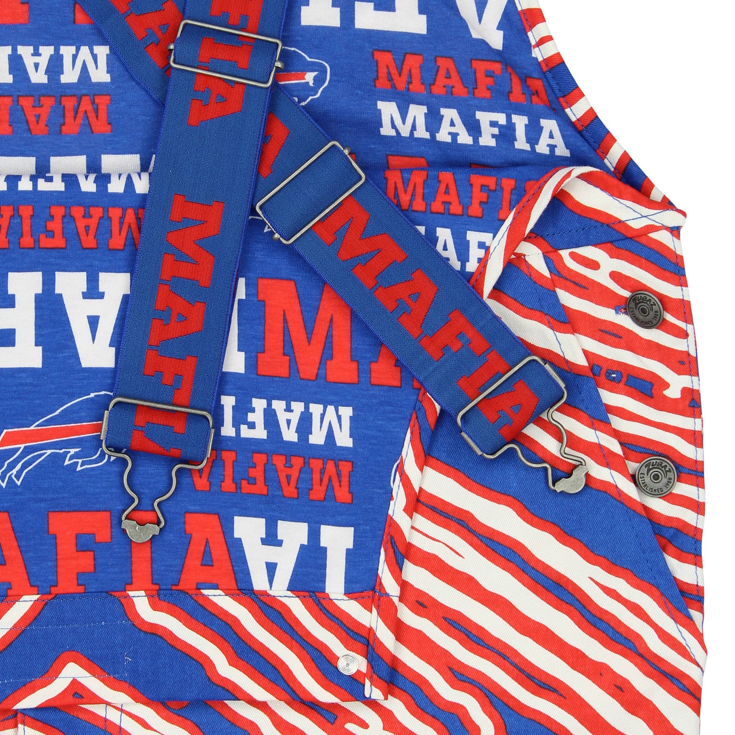 Zubaz NFL BILLS MAFIA ROYAL BLUE/RED ENLARGED ZEBRA OUTLINE BIB OVERALLS