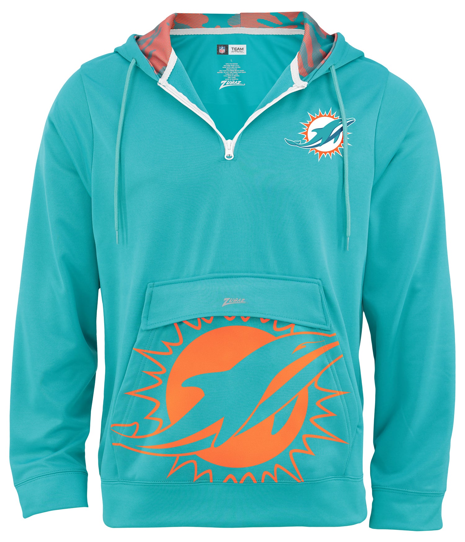 Zubaz NFL Men's 1/4 Zip Big Pocket Team Logo Hoodie Miami Dolphins