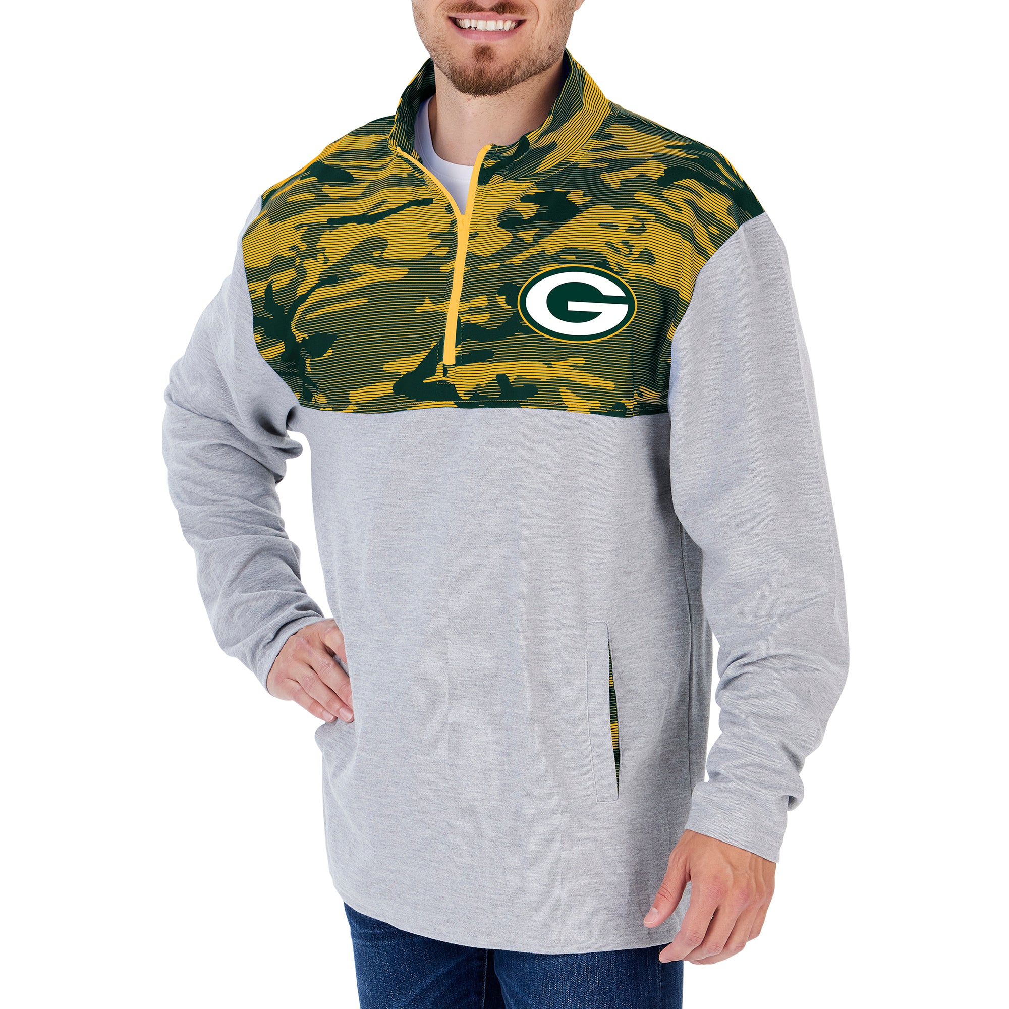 Zubaz Men's NFL Green Bay Packers 1/4 Zip Fleece Pullover with Camo Lines