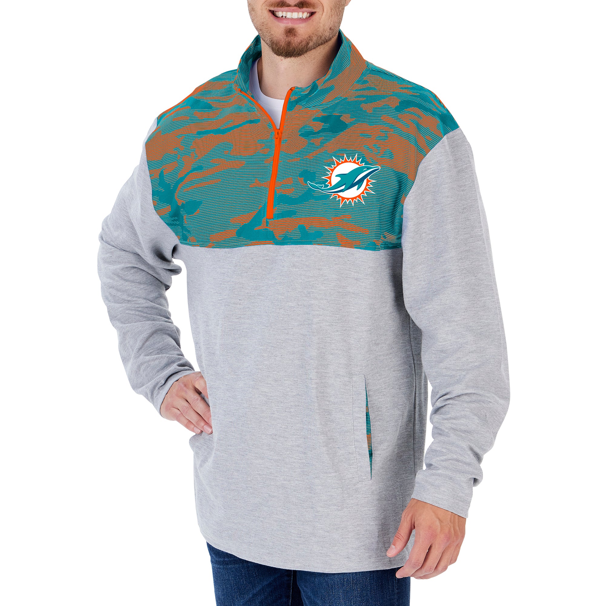 Zubaz Men's NFL Miami Dolphins 1/4 Zip Fleece Pullover with Camo Lines