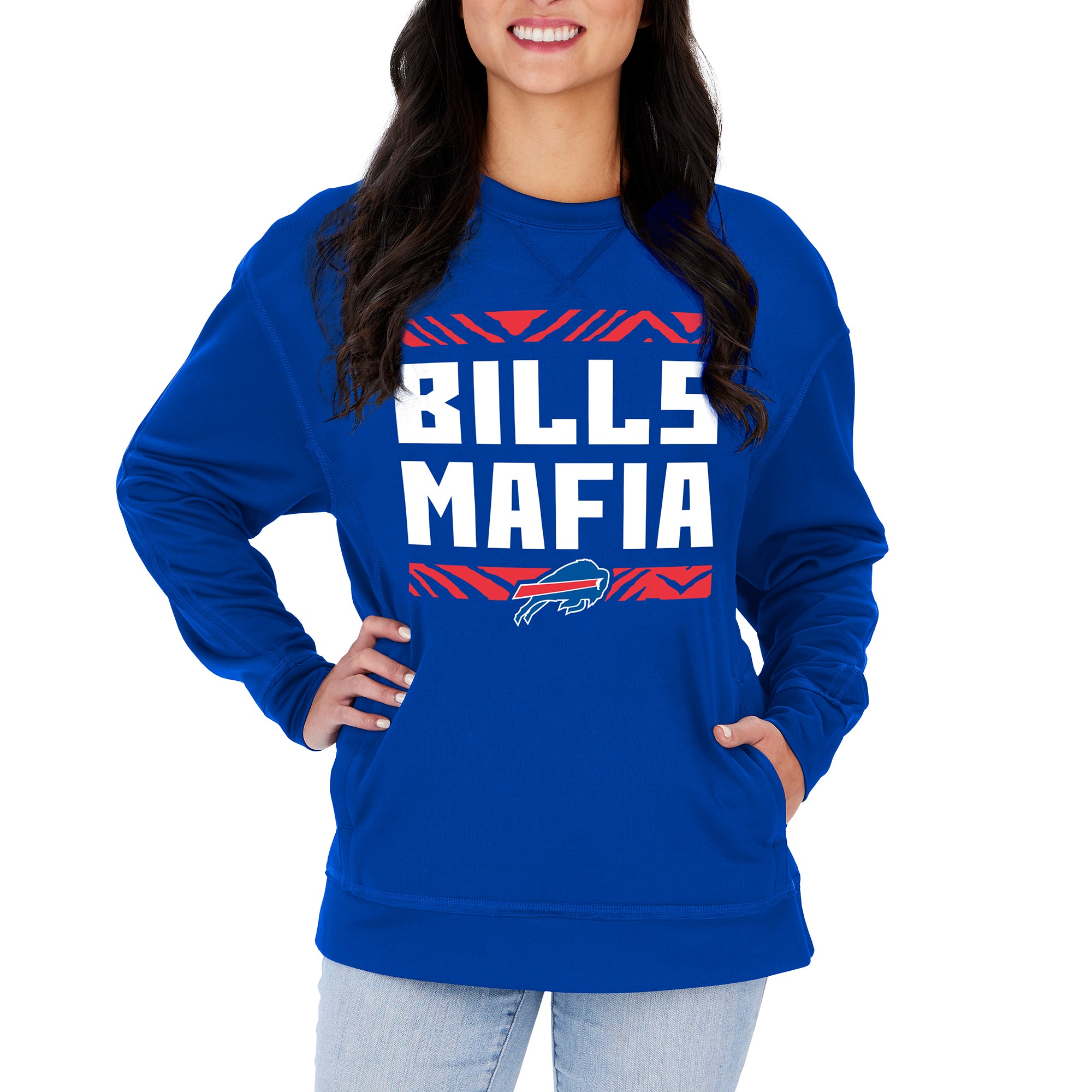 Zubaz NFL Women's Buffalo Bills Team Color & Slogan Crewneck Sweatshirt