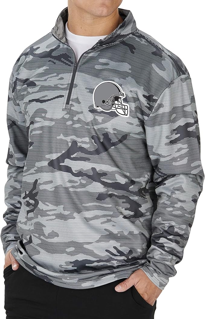 Zubaz Men's CLEVELAND BROWNS GRAY TONAL CAMO LINES POLY FLEECE 1/4 ZIP