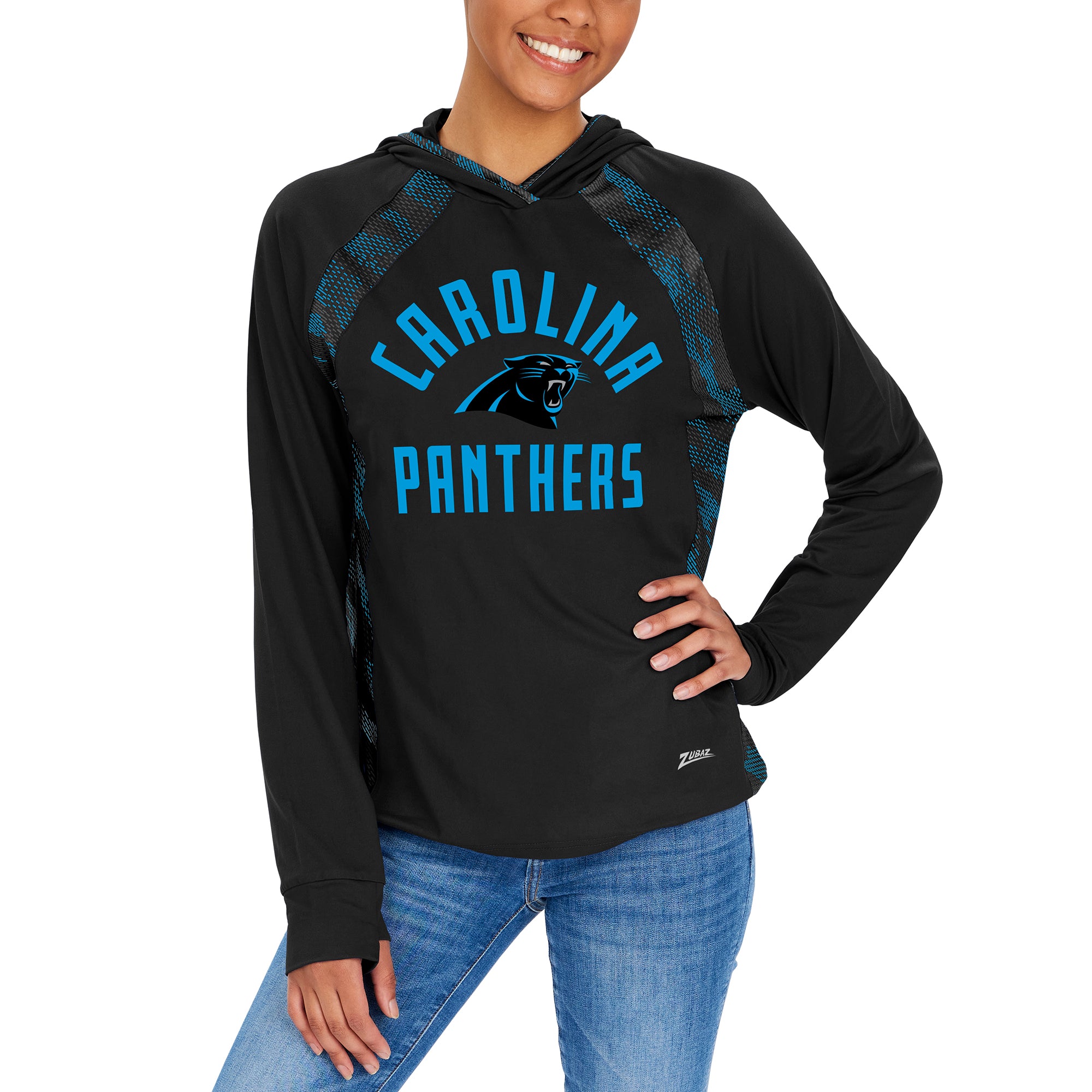 Zubaz NFL  CAROLINA PANTHERS WOMENS BLACK ELEVATED LW HOOD W/ BLACK/FLUORESCENT BLUE VIPER PRINT BACK LG