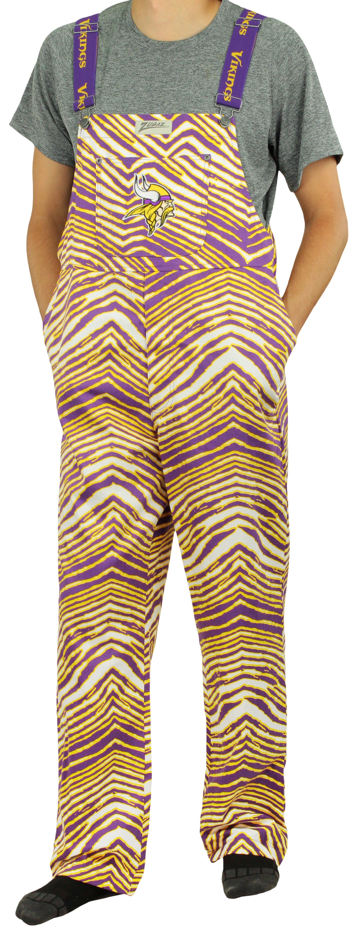 Zubaz NFL Unisex Zebra Lined Bib Overalls for Adult Men and Women, Minnesota Vikings