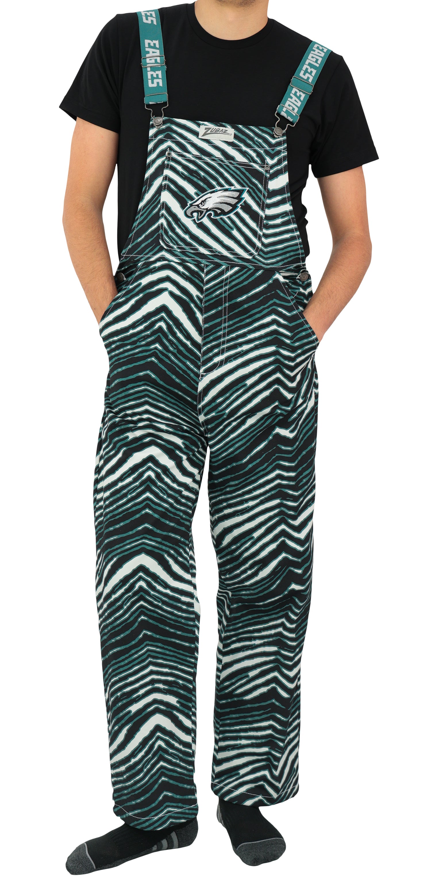 Zubaz NFL Unisex Zebra Lined Bib Overalls for Adult Men and Women, Philadelphia Eagles