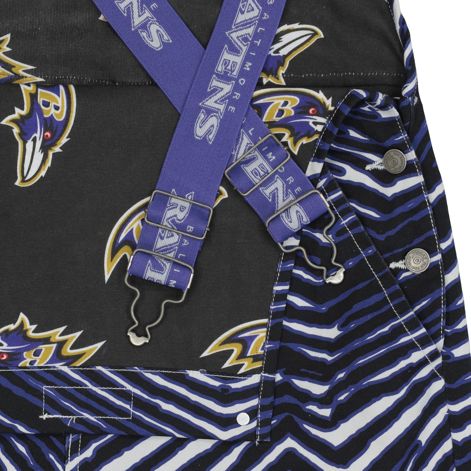 Zubaz NFL Unisex Zebra Lined Bib Overalls for Adult Men and Women, Baltimore Ravens