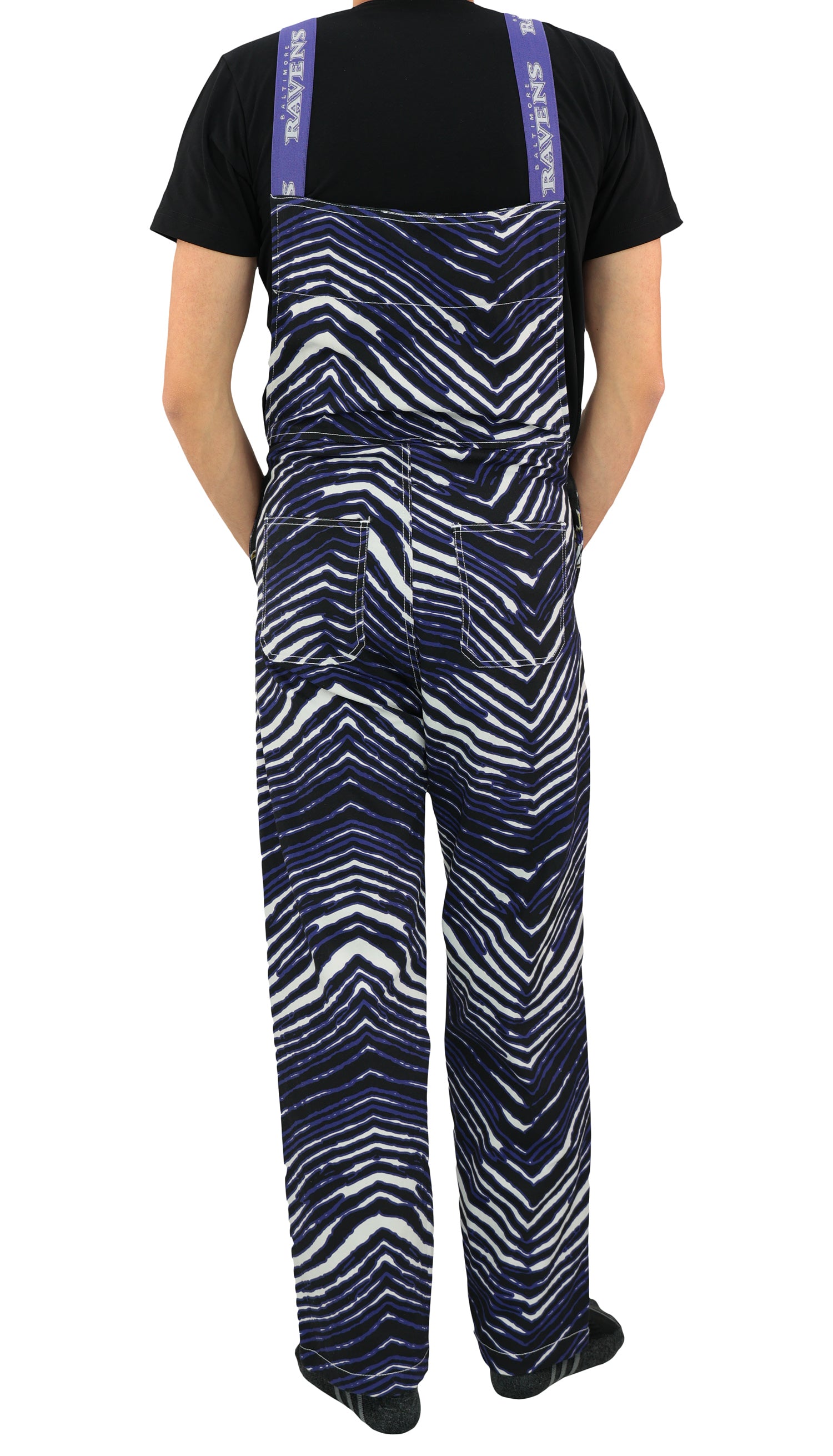 Zubaz NFL Unisex Zebra Lined Bib Overalls for Adult Men and Women, Baltimore Ravens