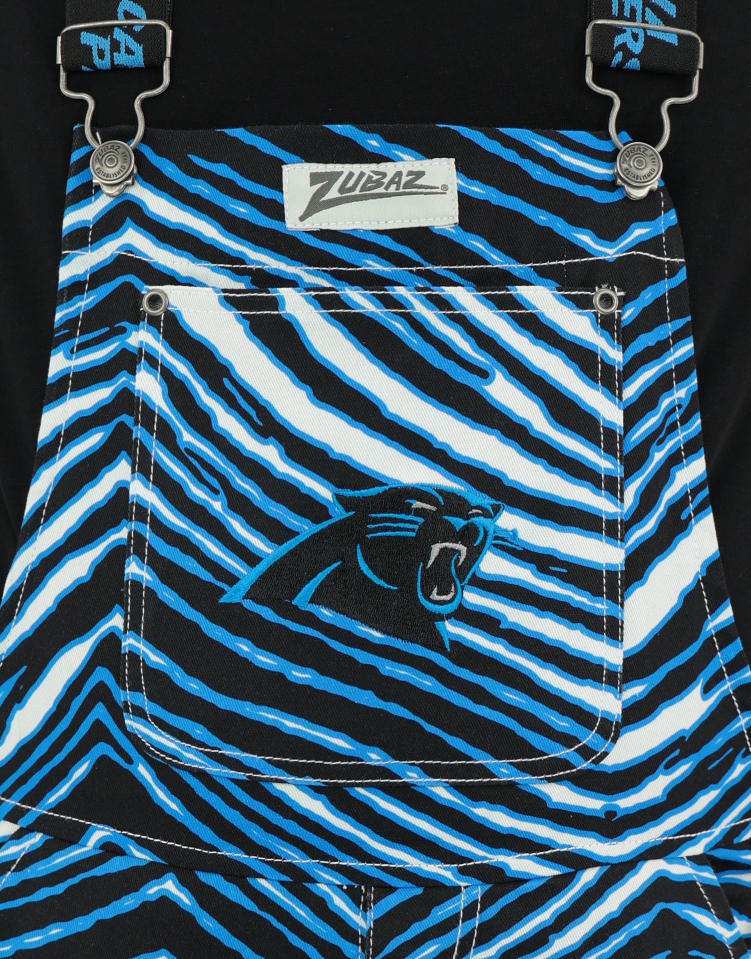 Zubaz NFL Unisex Zebra Lined Bib Overalls for Adult Men and Women, Carolina Panthers