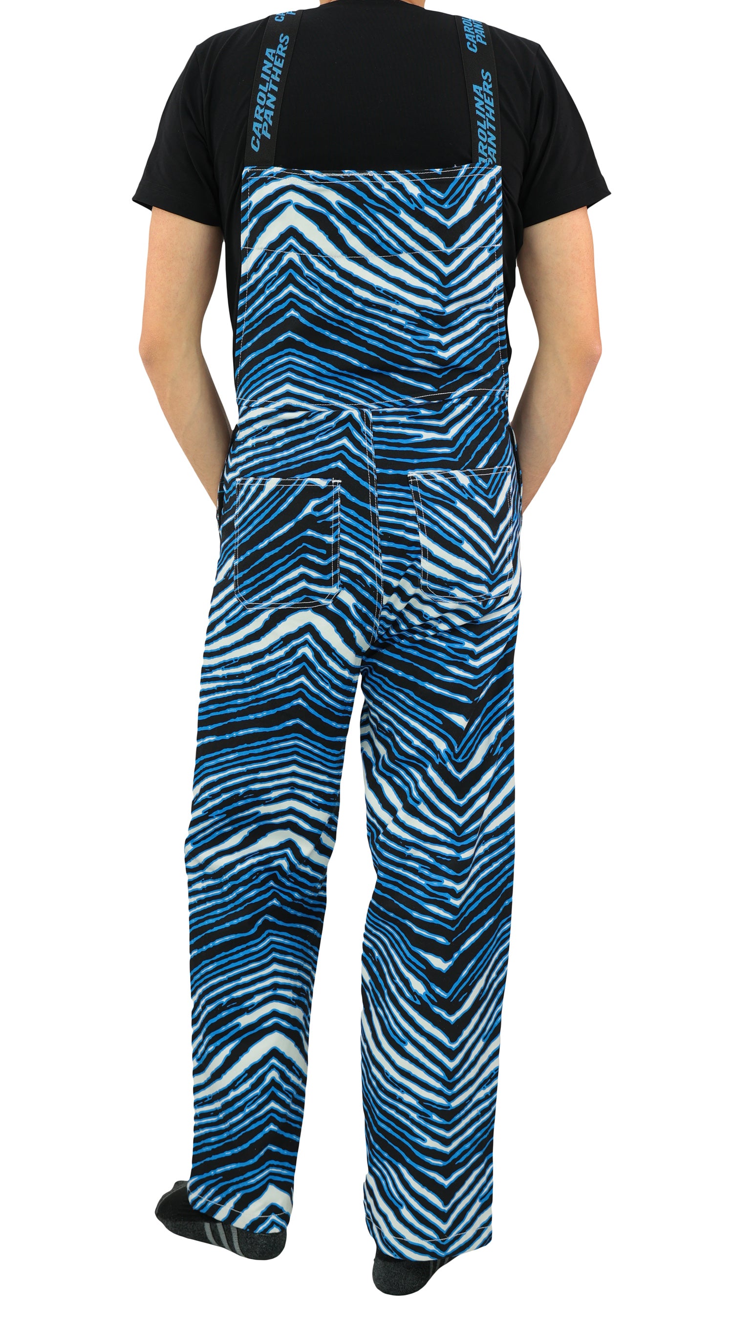 Zubaz NFL Unisex Zebra Lined Bib Overalls for Adult Men and Women, Carolina Panthers