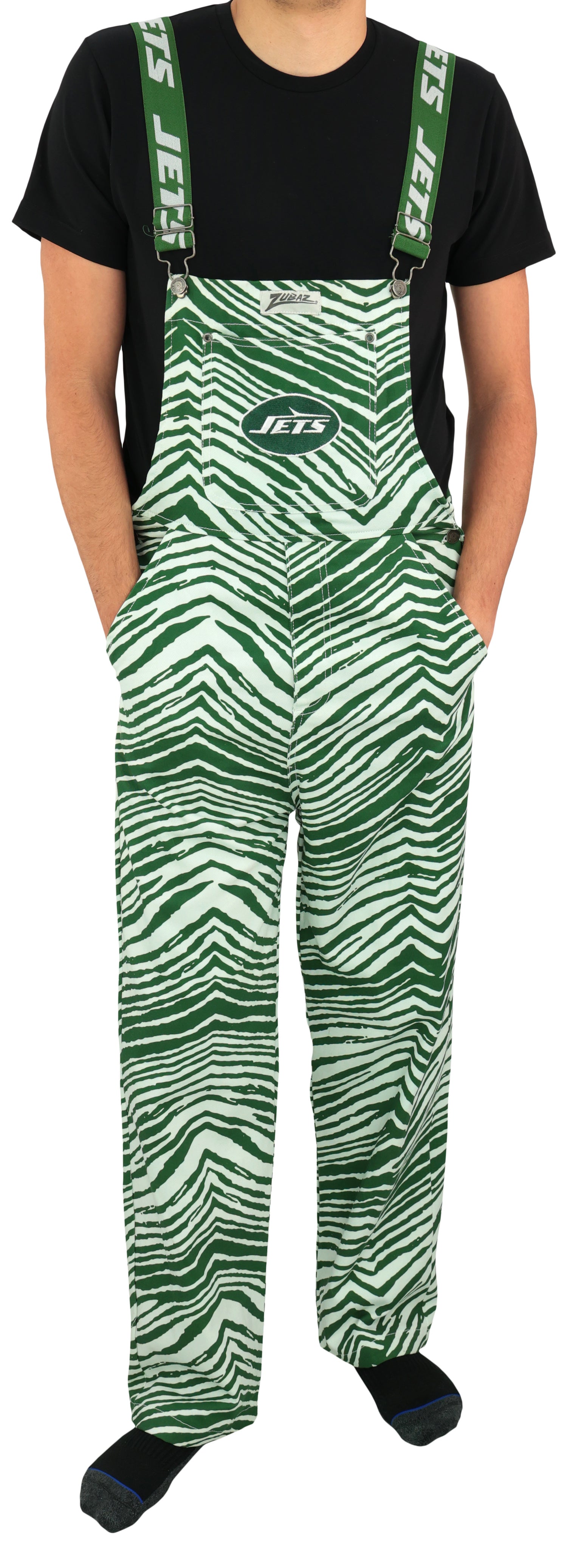 Zubaz NFL Unisex Zebra Lined Bib Overalls for Adult Men and Women, New York Jets