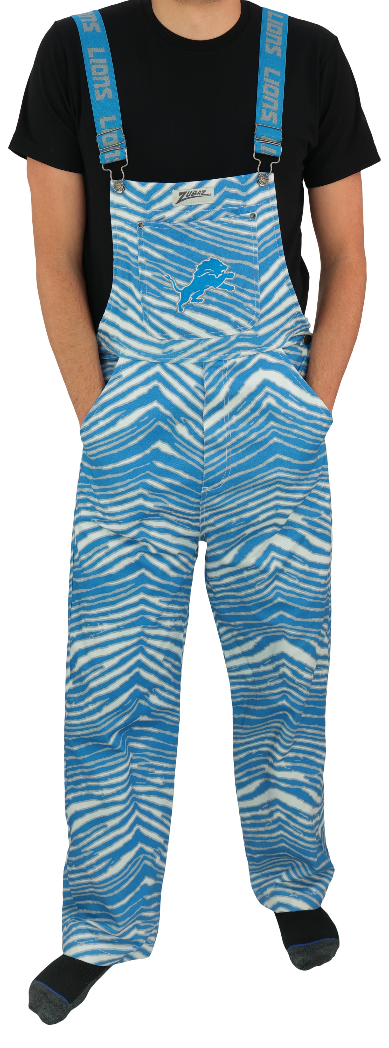 Zubaz NFL Unisex Zebra Lined Bib Overalls for Adult Men and Women, Detroit Lions