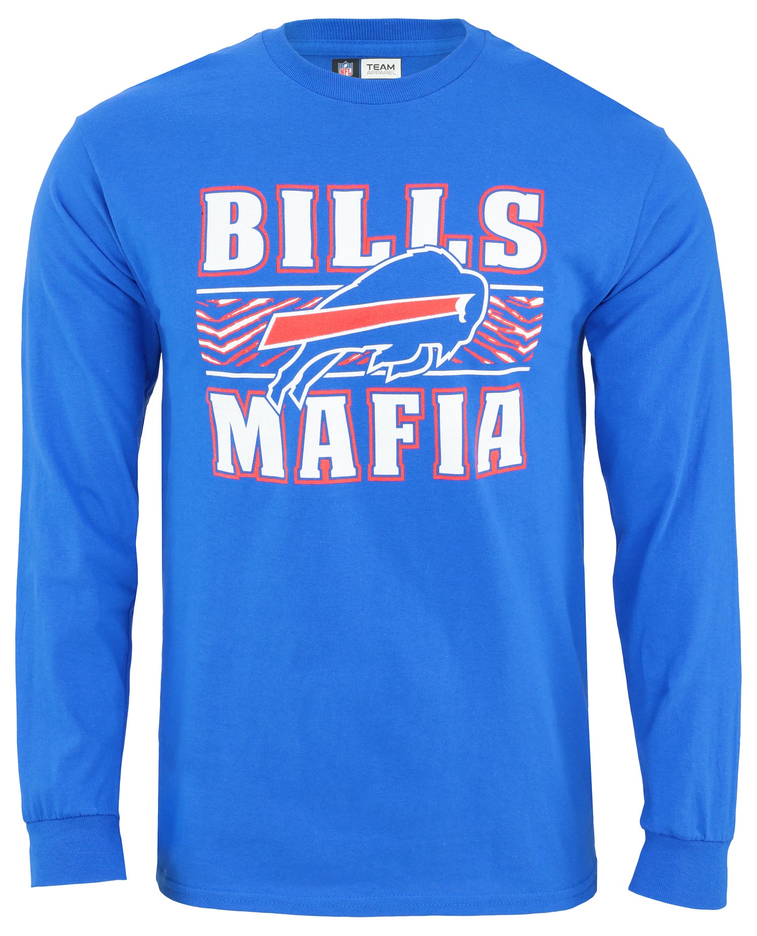 Zubaz NFL Mens Buffalo Bills Solid Royal Blue Long Sleeve T Shirt with Bills Mafia Zebra Banner Graphic